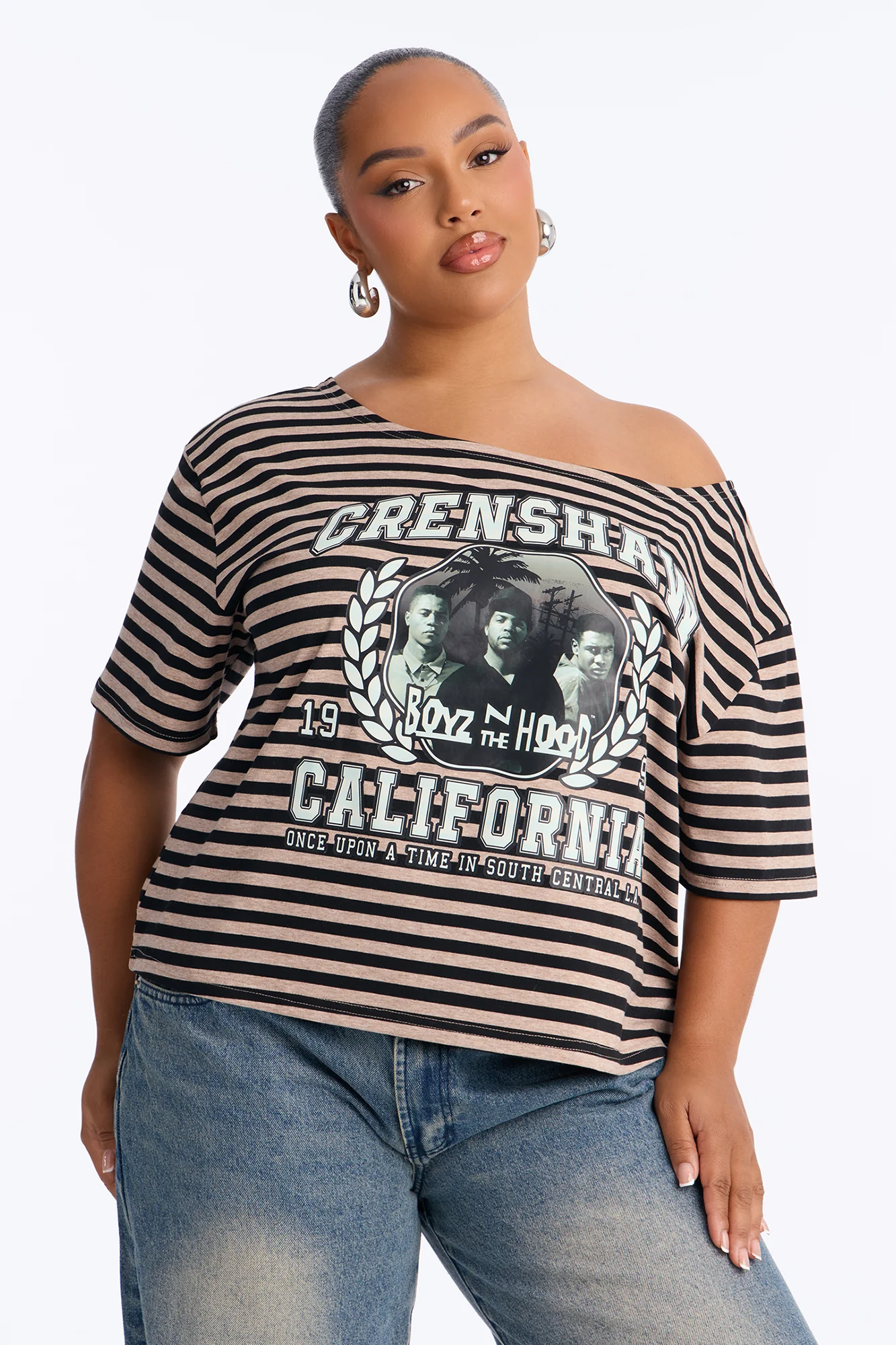 Boyz N The Hood Stripe Off Shoulder Crop Tee - Black - Image 5