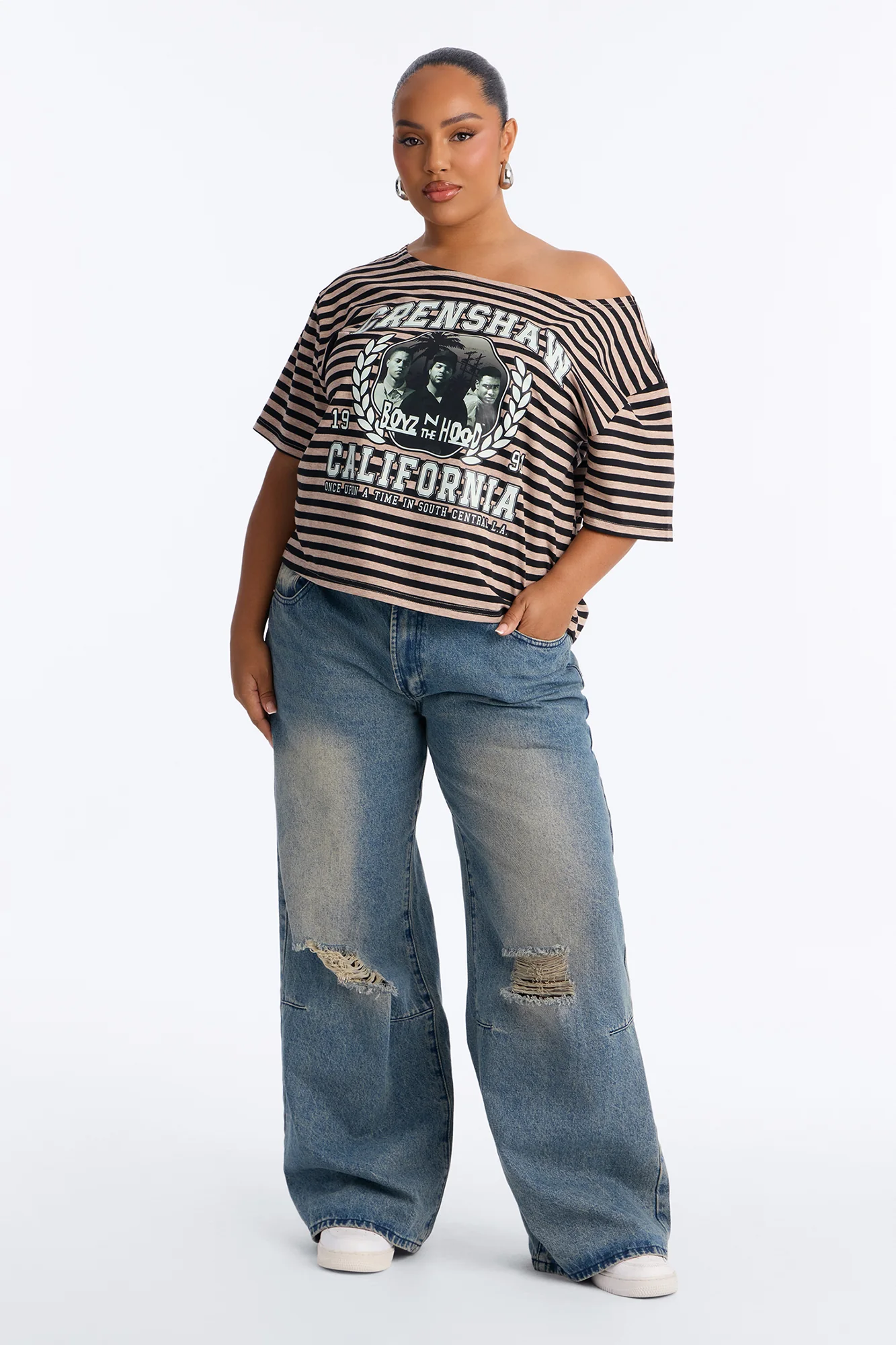Boyz N The Hood Stripe Off Shoulder Crop Tee - Black - Image 6