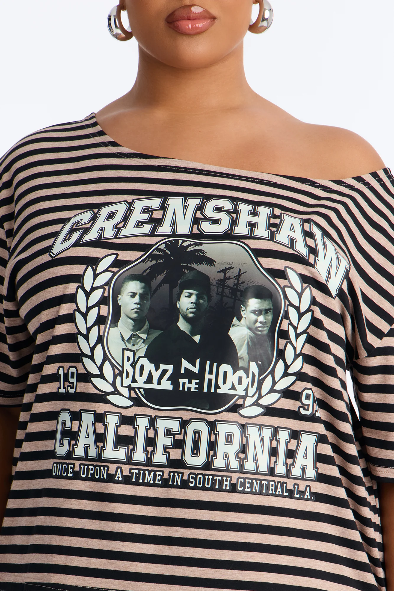 Boyz N The Hood Stripe Off Shoulder Crop Tee - Black - Image 7