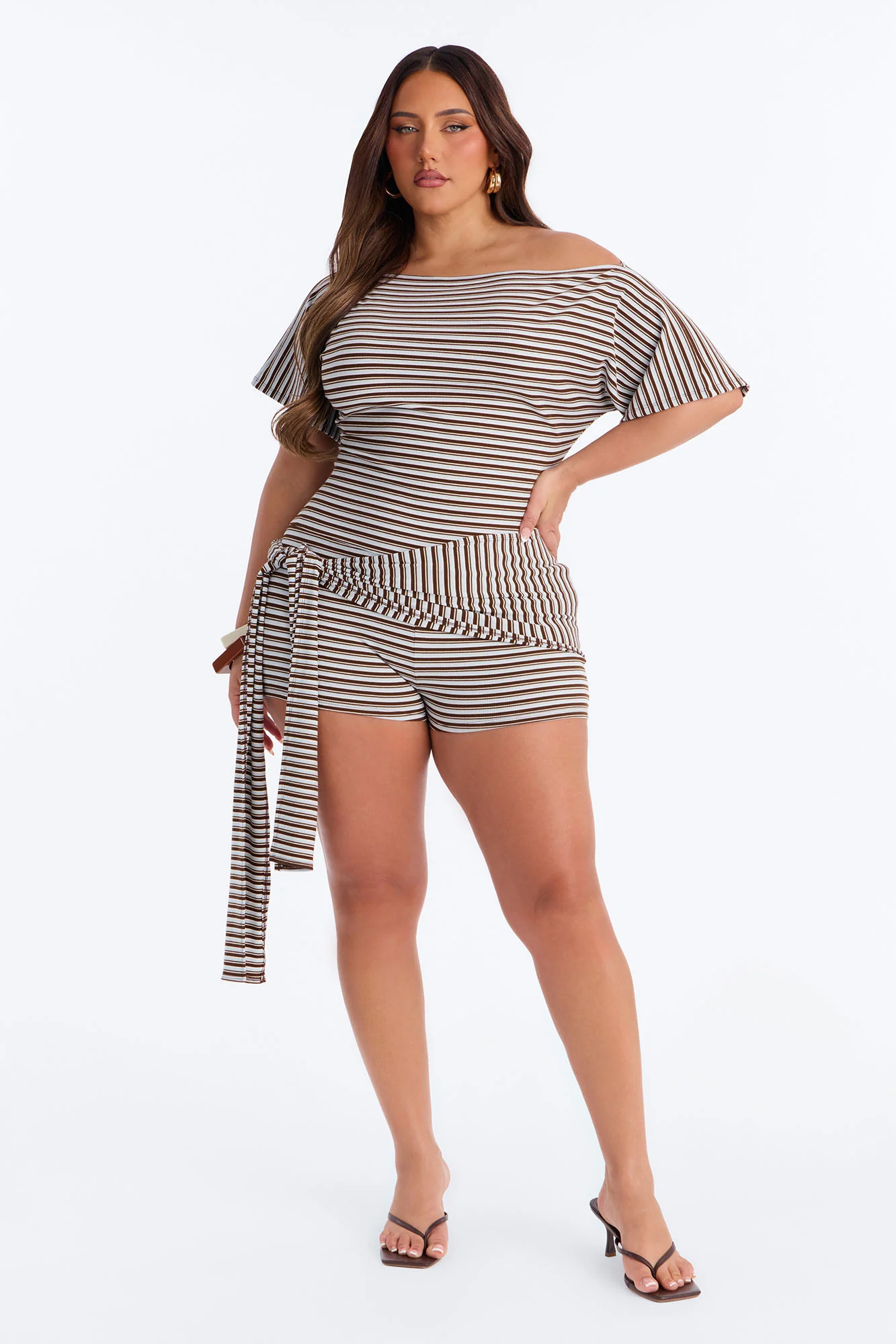 Bre Striped Off Shoulder Tie Romper - Brown - Image 5