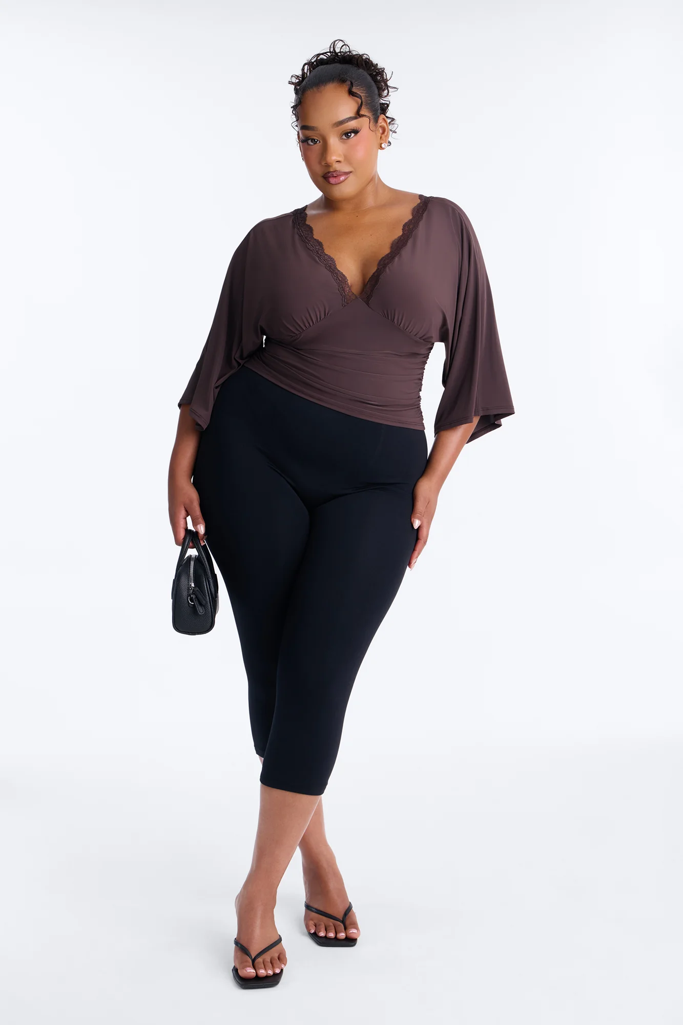 Brenda Lace Trim Short Sleeve Top - Chocolate - Image 2