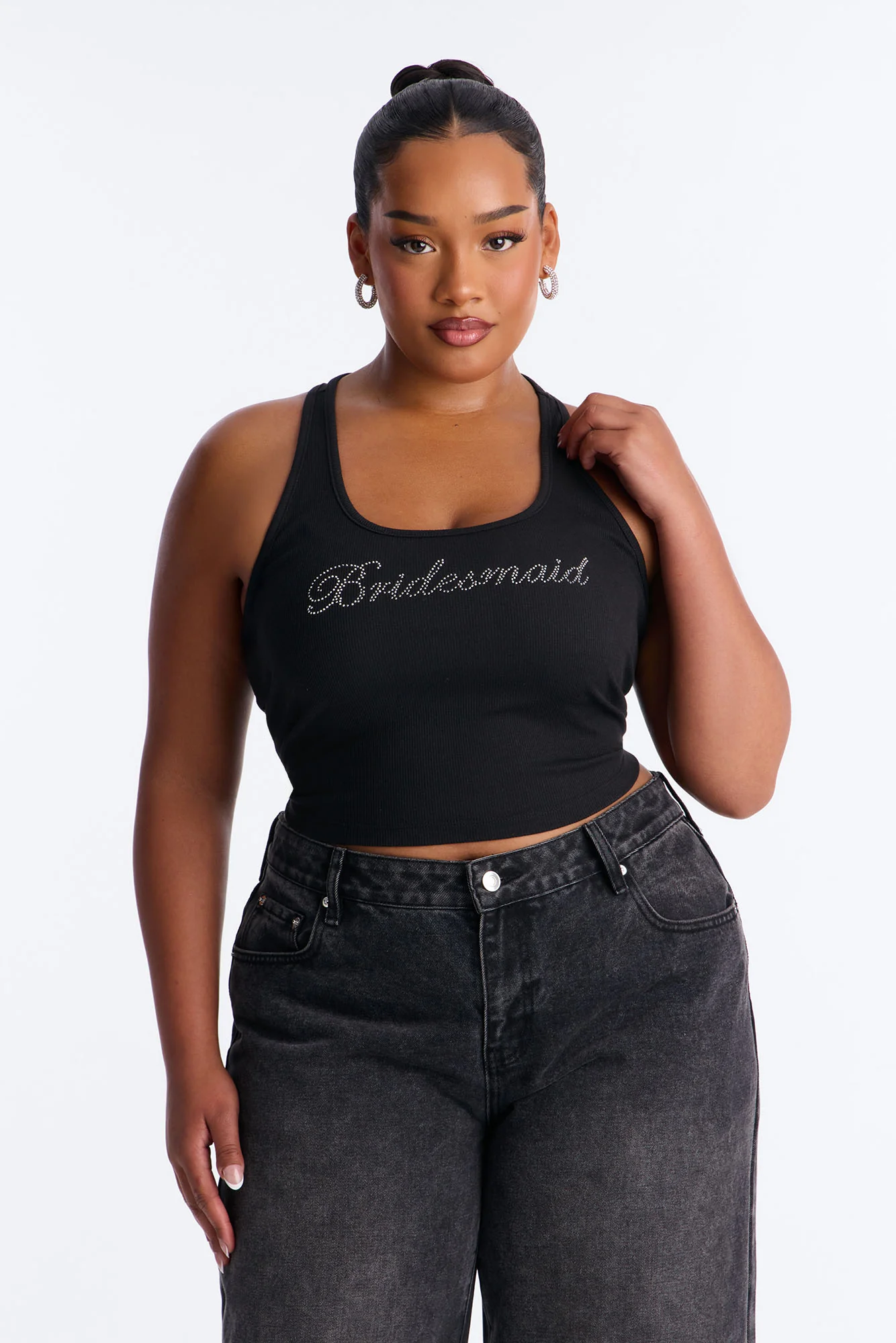 Bridesmaid Rhinestones Ribbed Tank Top - Black - Image 5