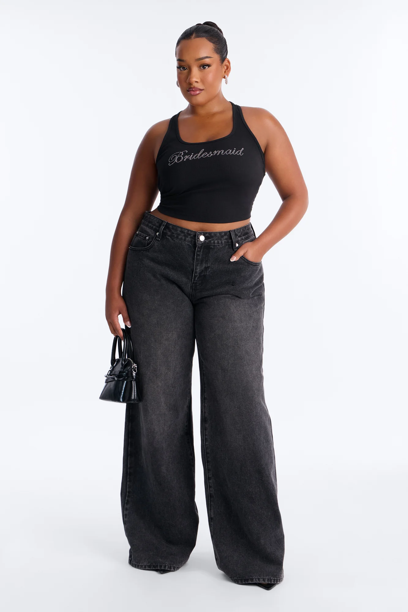Bridesmaid Rhinestones Ribbed Tank Top - Black - Image 6
