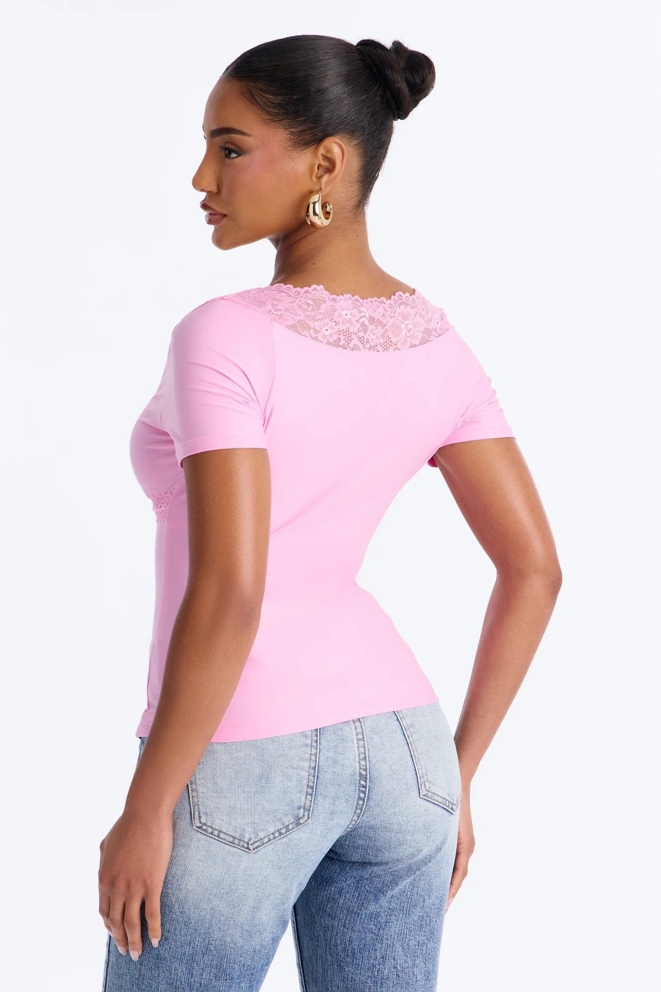 Bridget Lace Trim Short Sleeve Top - Pink - Image 4