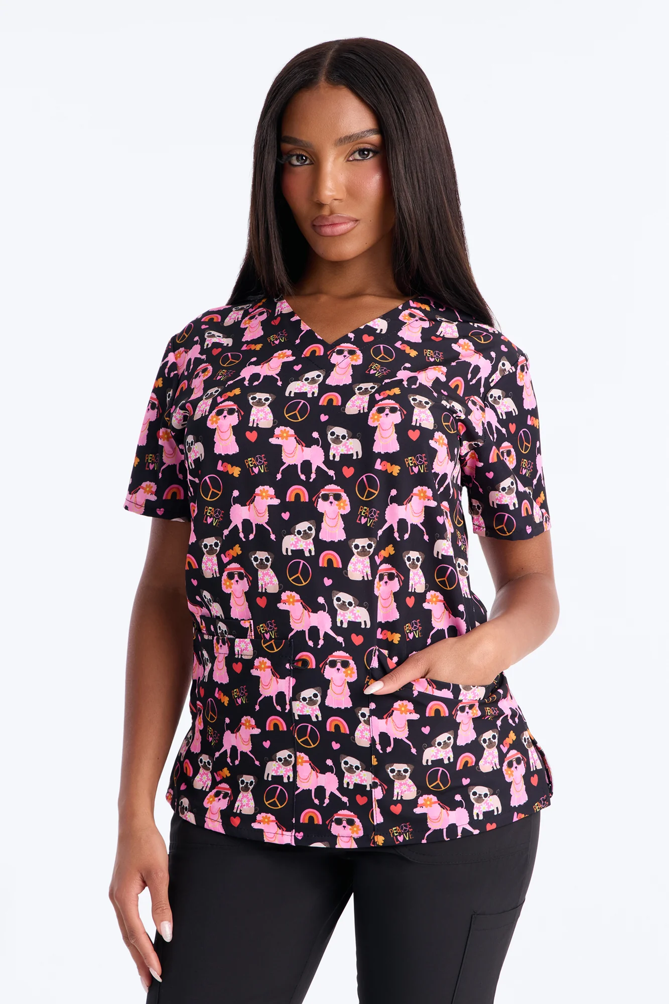 Bright Days 4 Way Stretch Printed Jogger Scrub Set - Black/Pink - Image 2