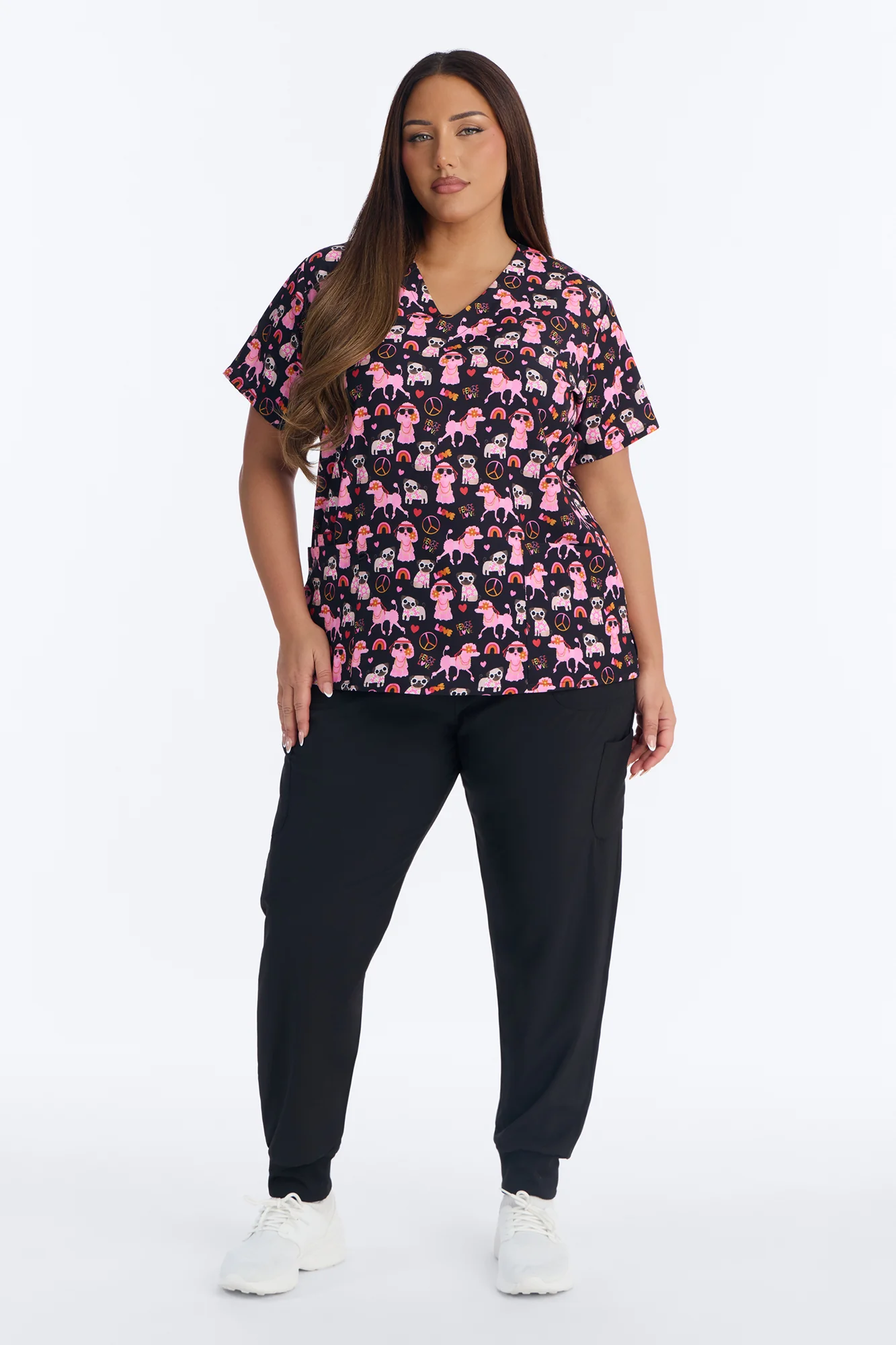Bright Days 4 Way Stretch Printed Jogger Scrub Set - Black/Pink - Image 5