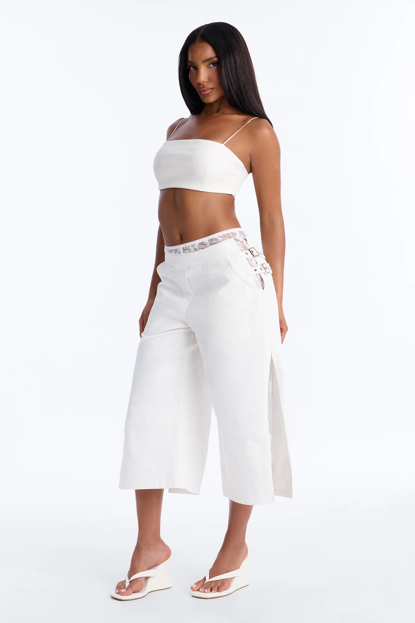 Brittany Cropped Lace Trim Belted Side Pant - White
