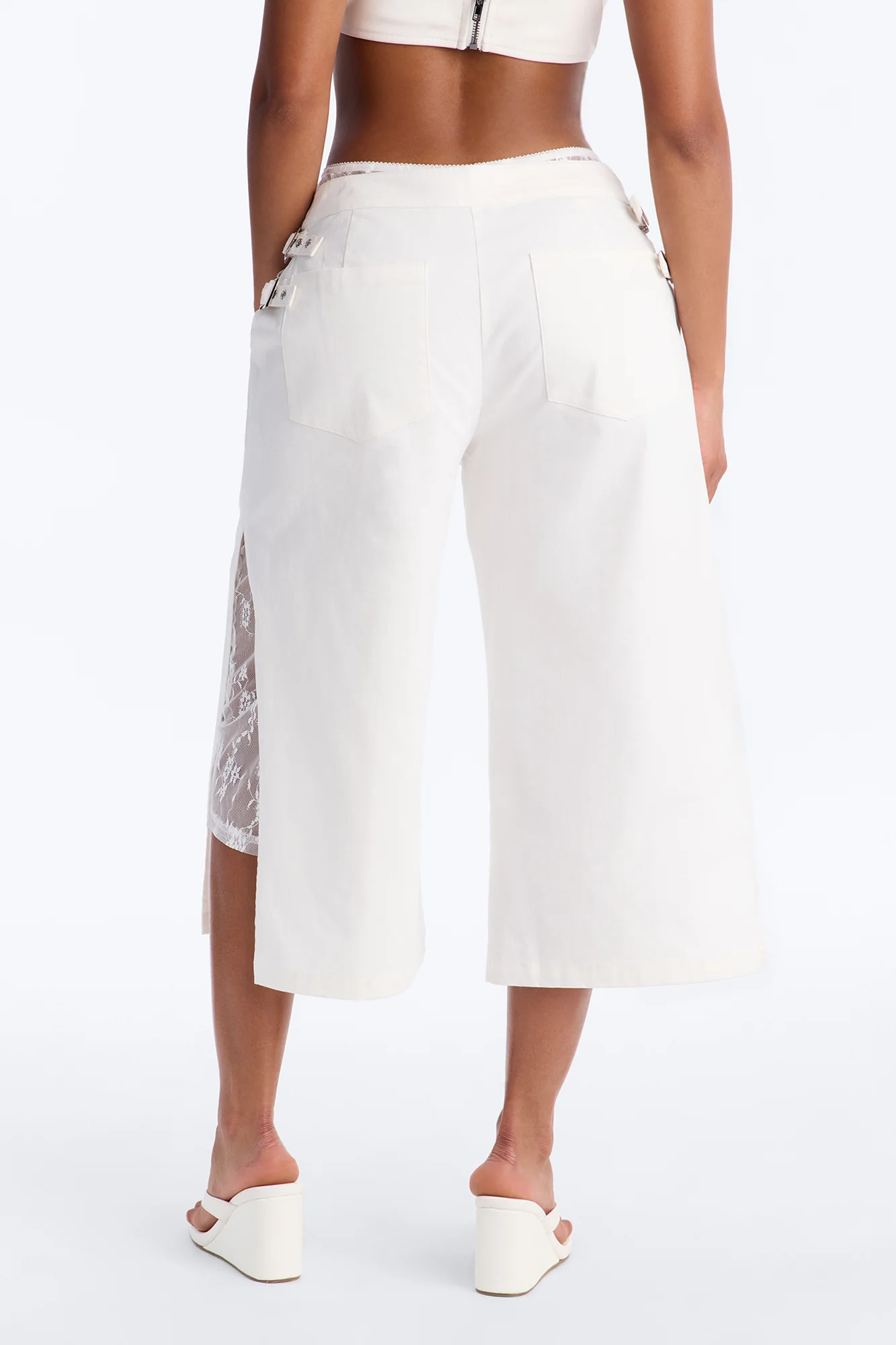 Brittany Cropped Lace Trim Belted Side Pant - White - Image 3
