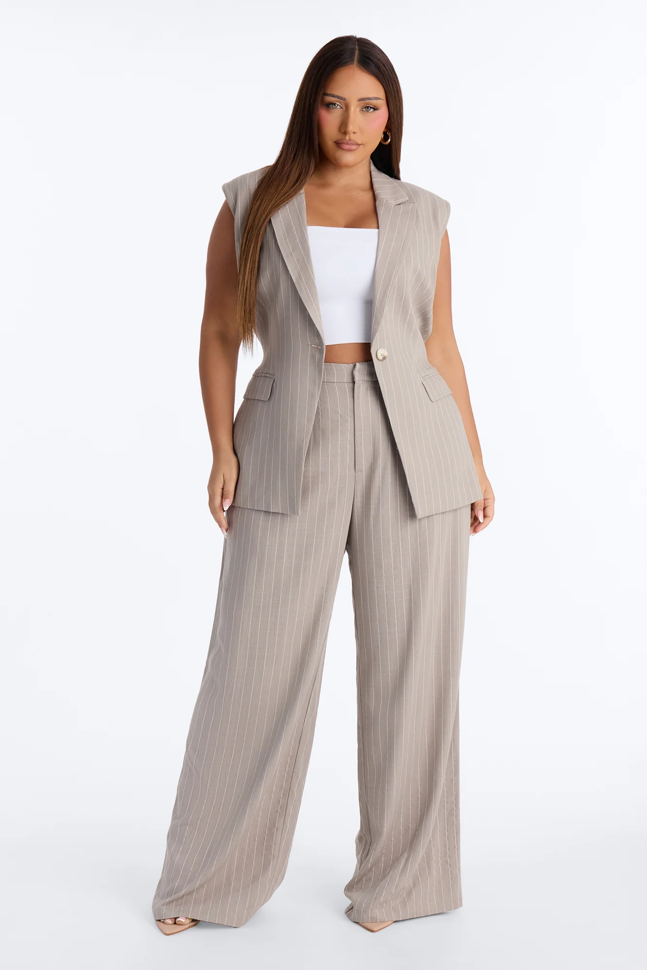 Brittany High Waisted Pleated Wide Leg Trouser - Stone - Image 5