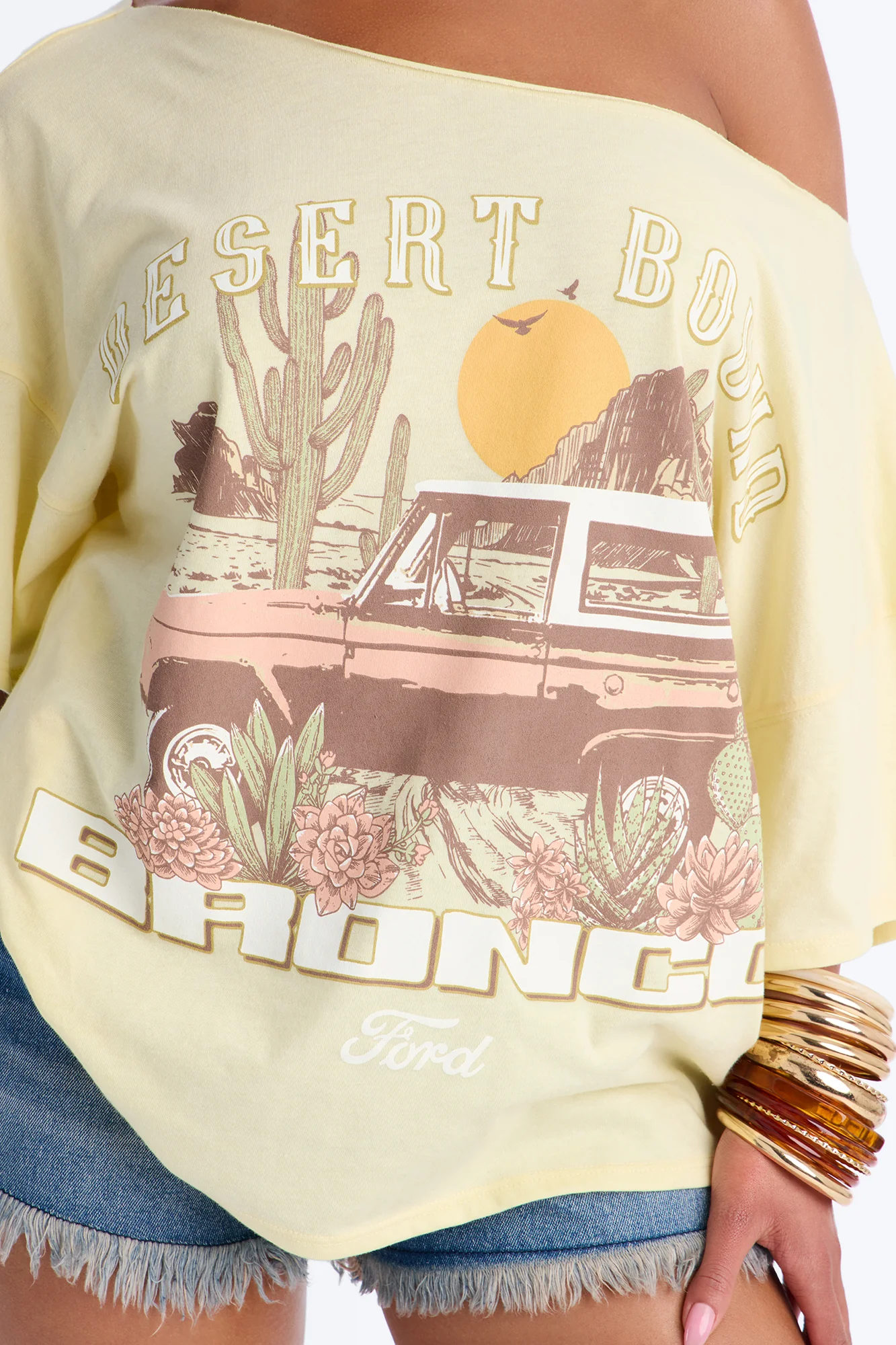 Bronco Off Shoulder Cropped Tee - Butter Yellow - Image 3