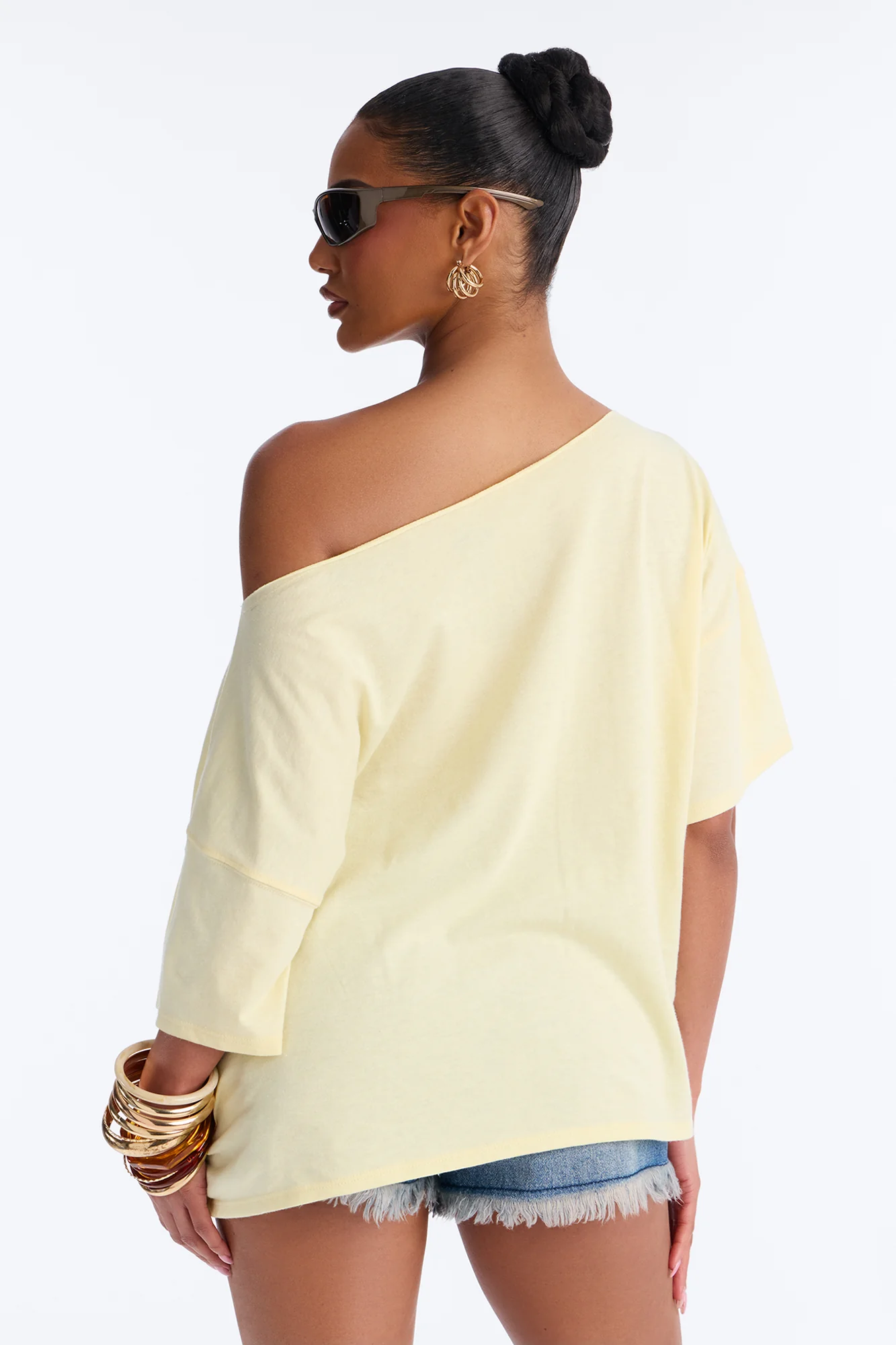 Bronco Off Shoulder Cropped Tee - Butter Yellow - Image 4
