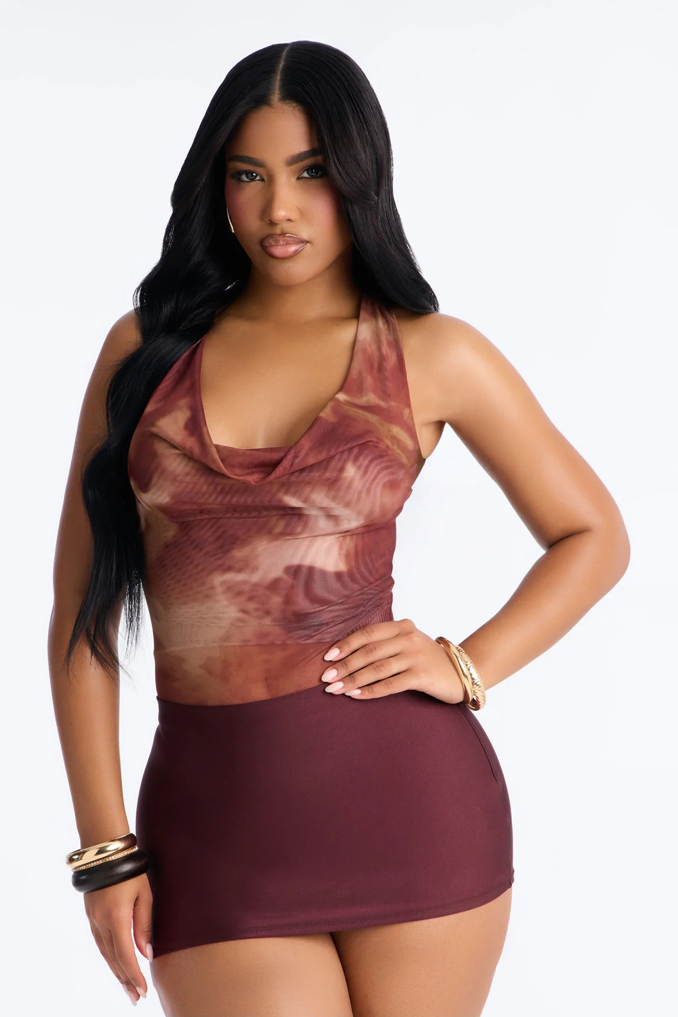 Bronze Babe Mesh Cowl Neck Hardware Bodysuit - Brown/combo - Image 3