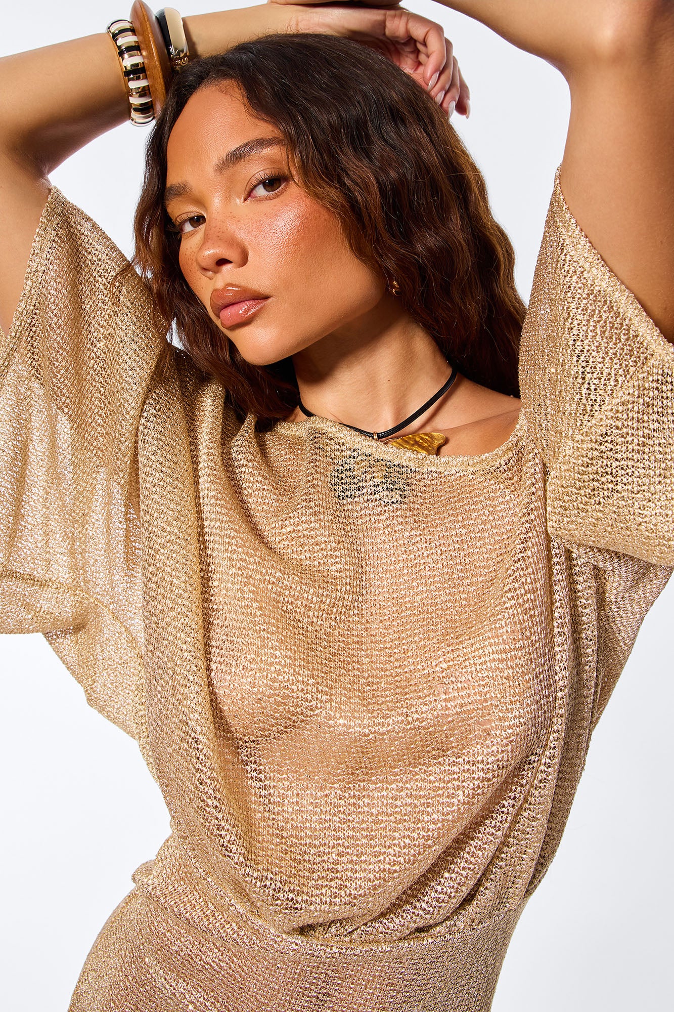 Bronzed Babe Metallic Crochet Off Shoulder Mini Dress - Gold - Image 3