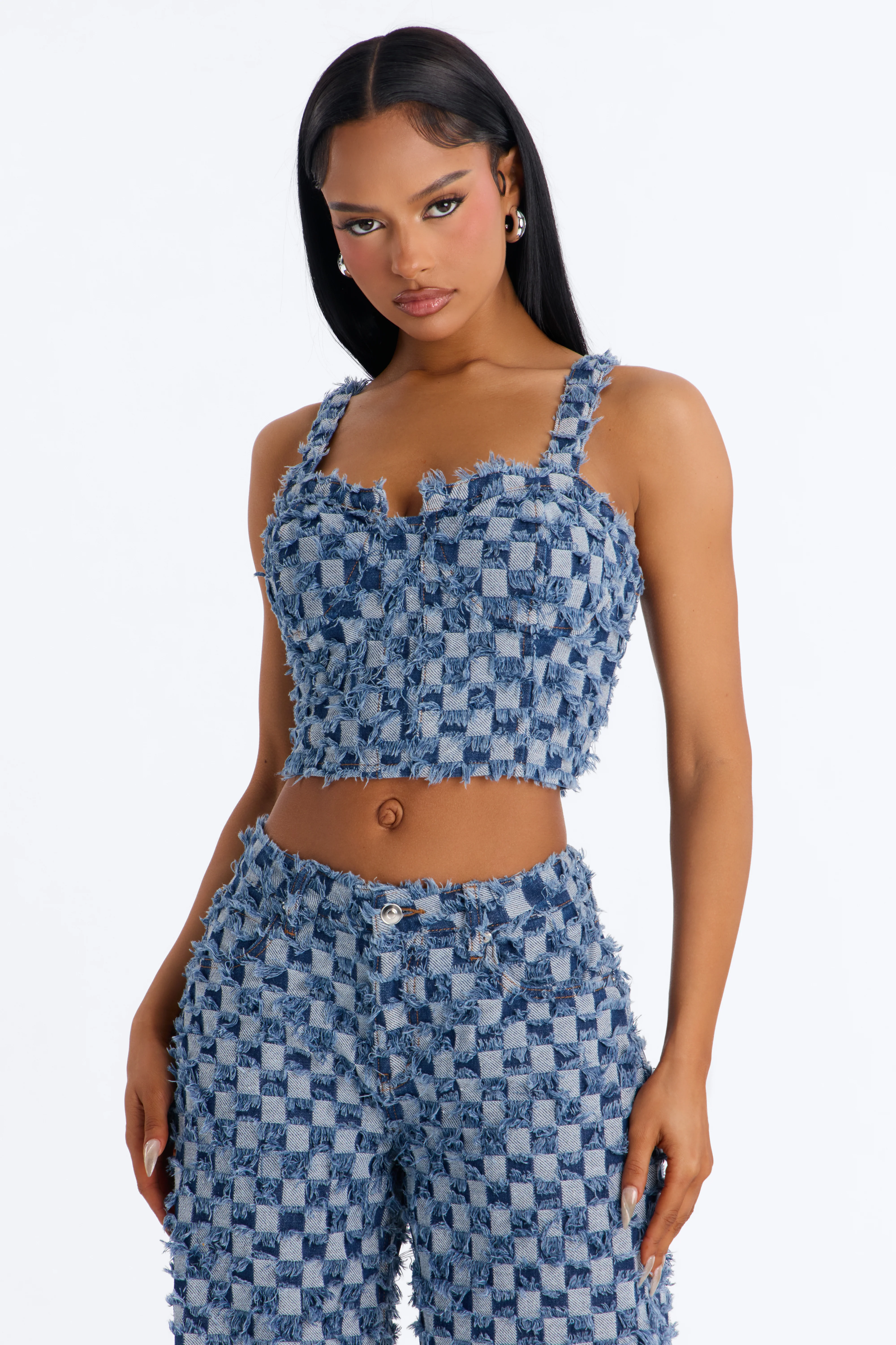 Brooklyn Distressed Checkered Denim Pant Set - MediumWash - Image 2