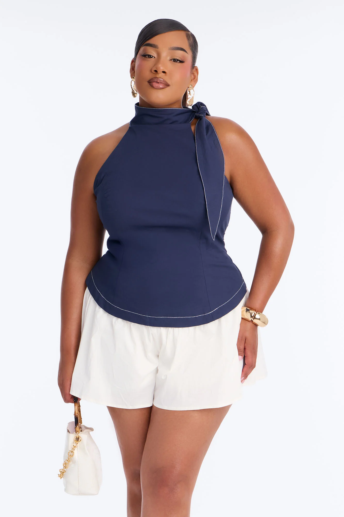 Brunch Date Micro High Neck Romper - Navy - Image 6