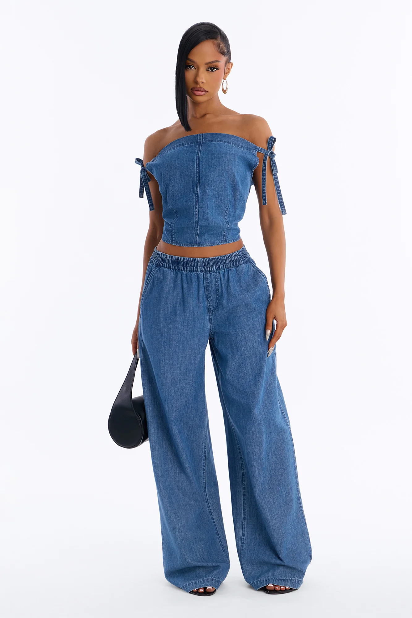 Brynn Off The Shoulder Wide Leg Denim Set - Medium Wash
