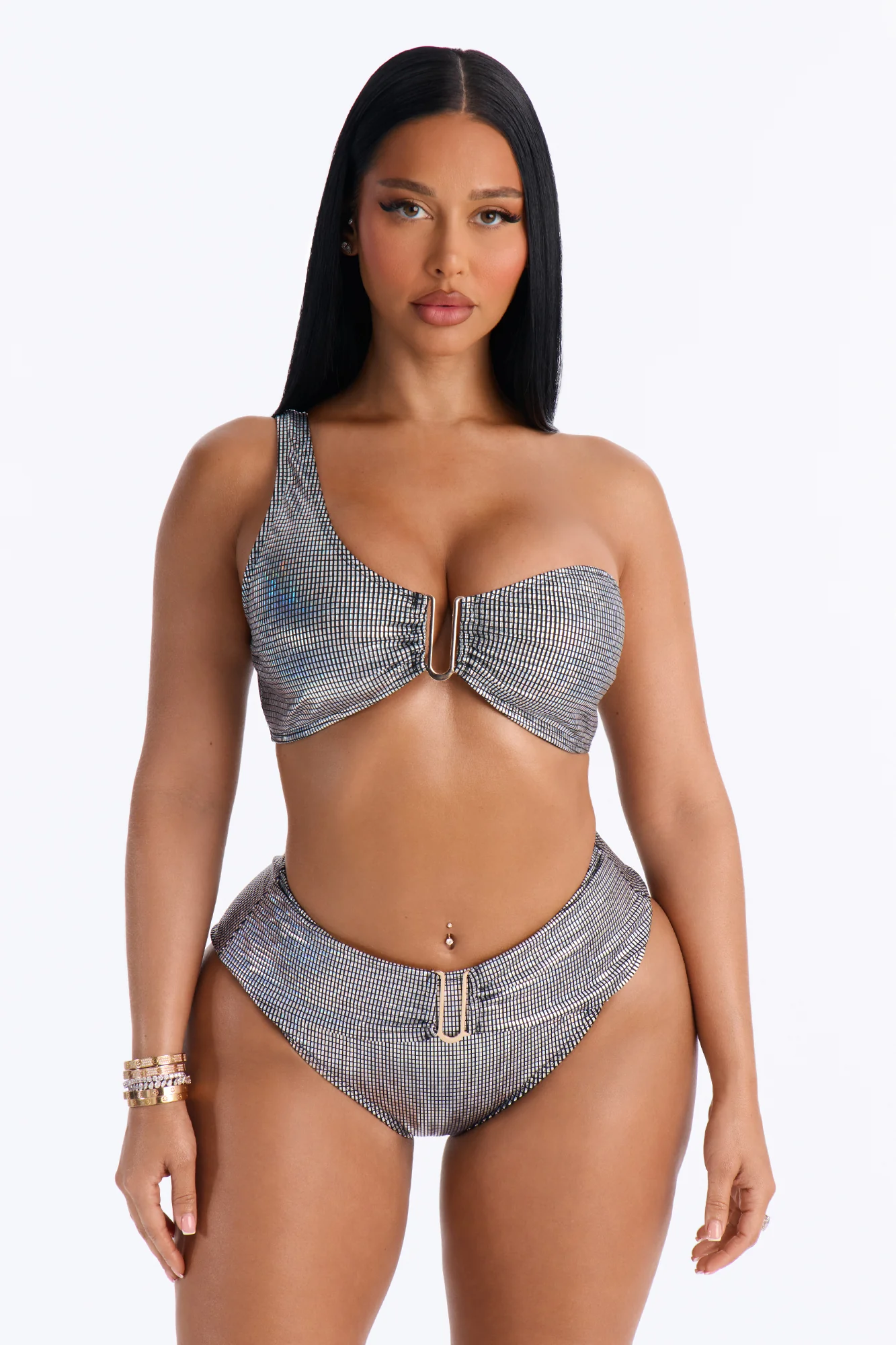 Bubble Up 2 Piece Belted One Shoulder Bikini Set - Silver