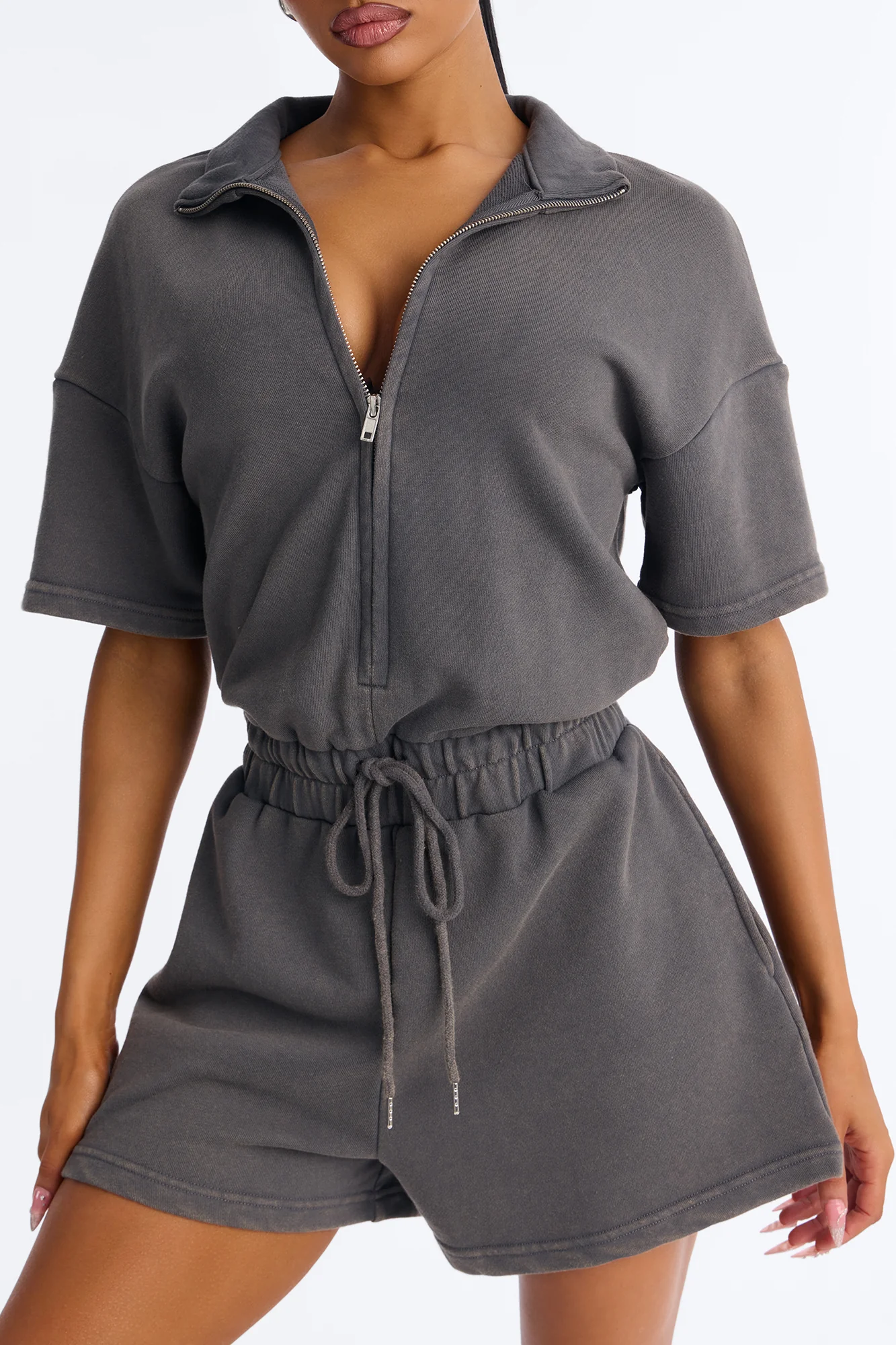 Busy Schedule Washed French Terry Romper - Charcoal - Image 3