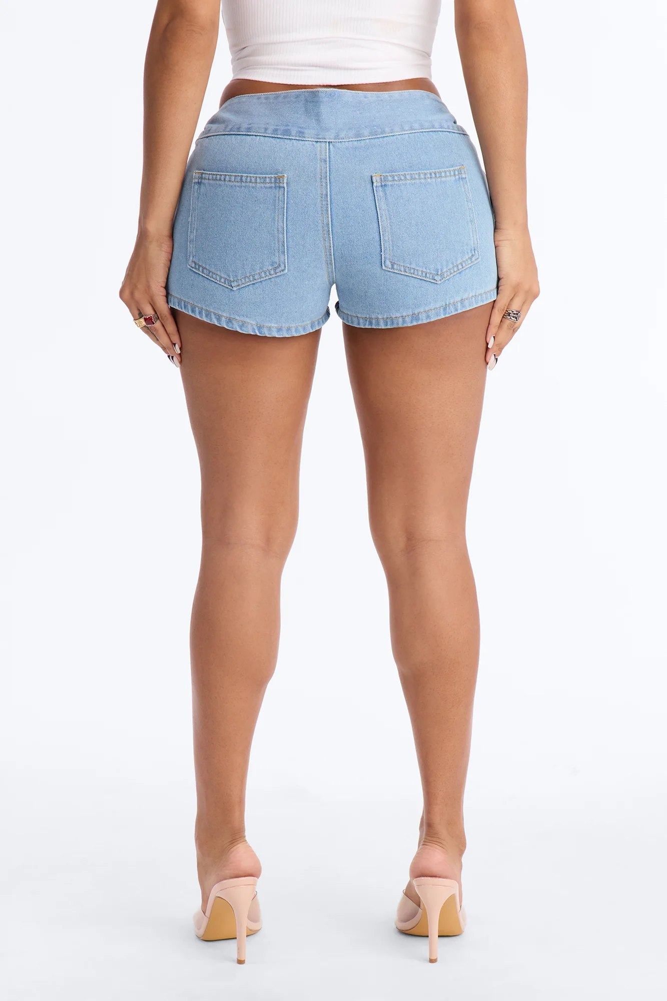 Butterfly Garden Low Rise Denim Shorts - Light Wash - Image 4