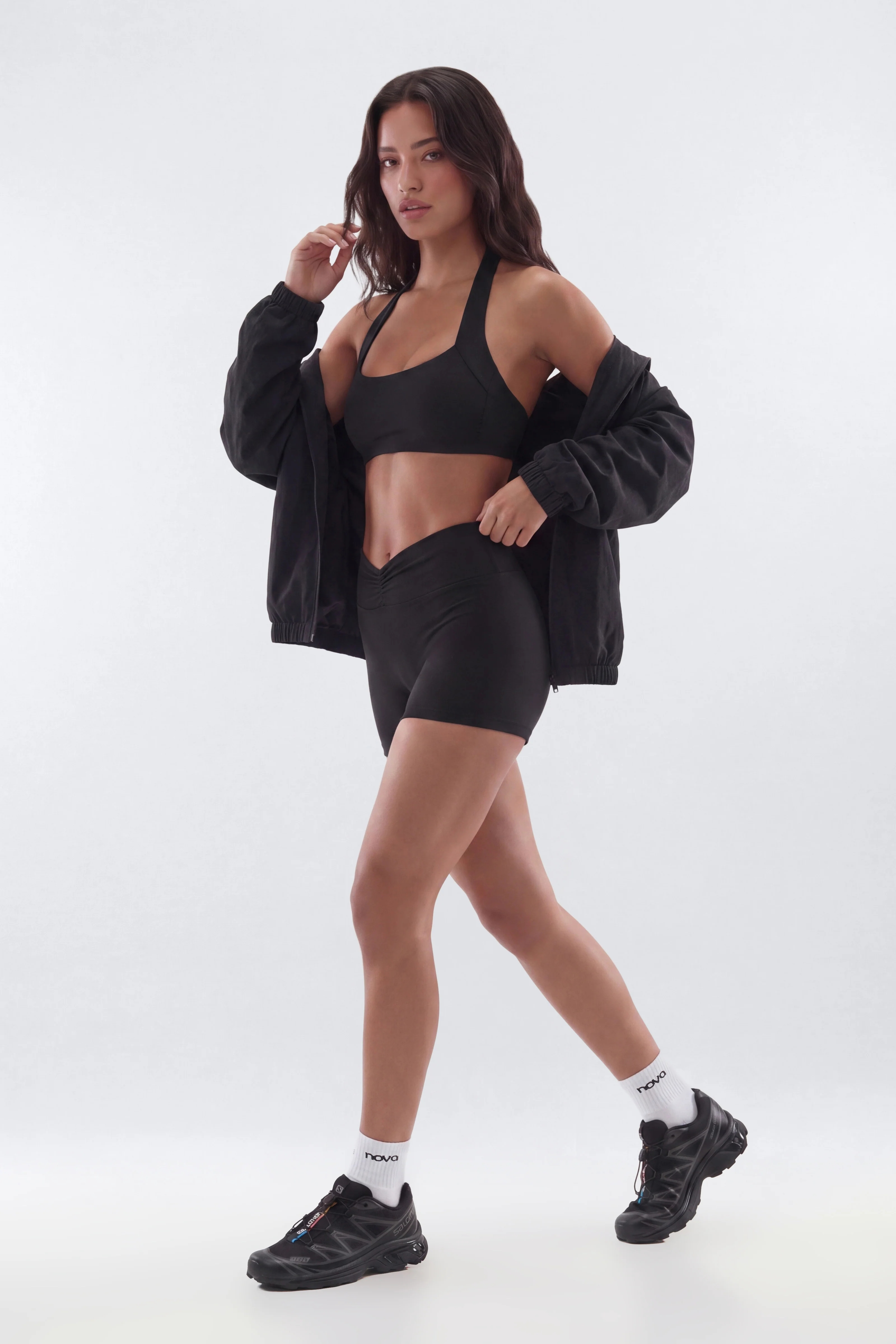 ButterSoft 4″ V Front Ruched Biker Shorts - Black