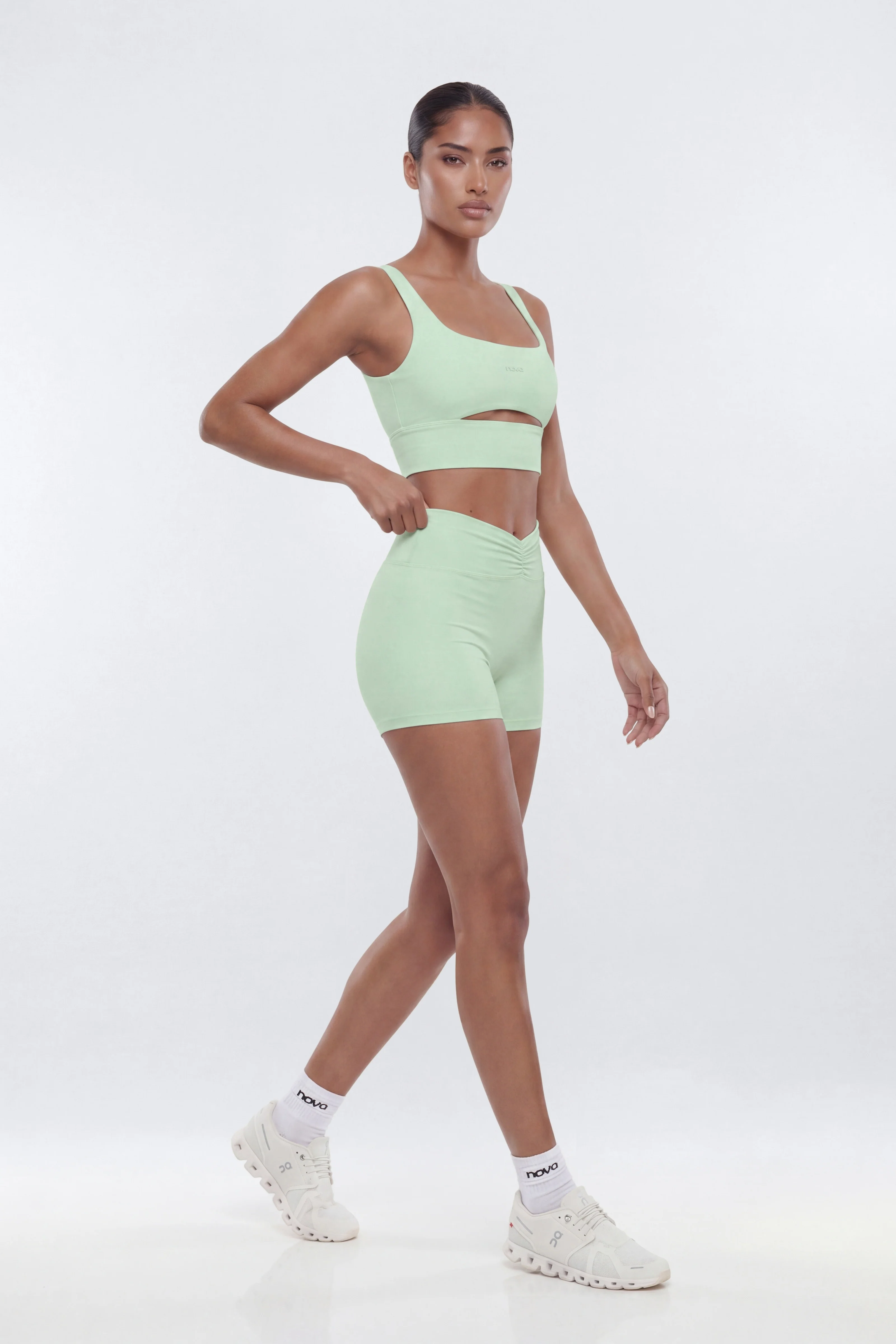 ButterSoft 4″ V Front Ruched Biker Shorts - Cool Mint - Image 2
