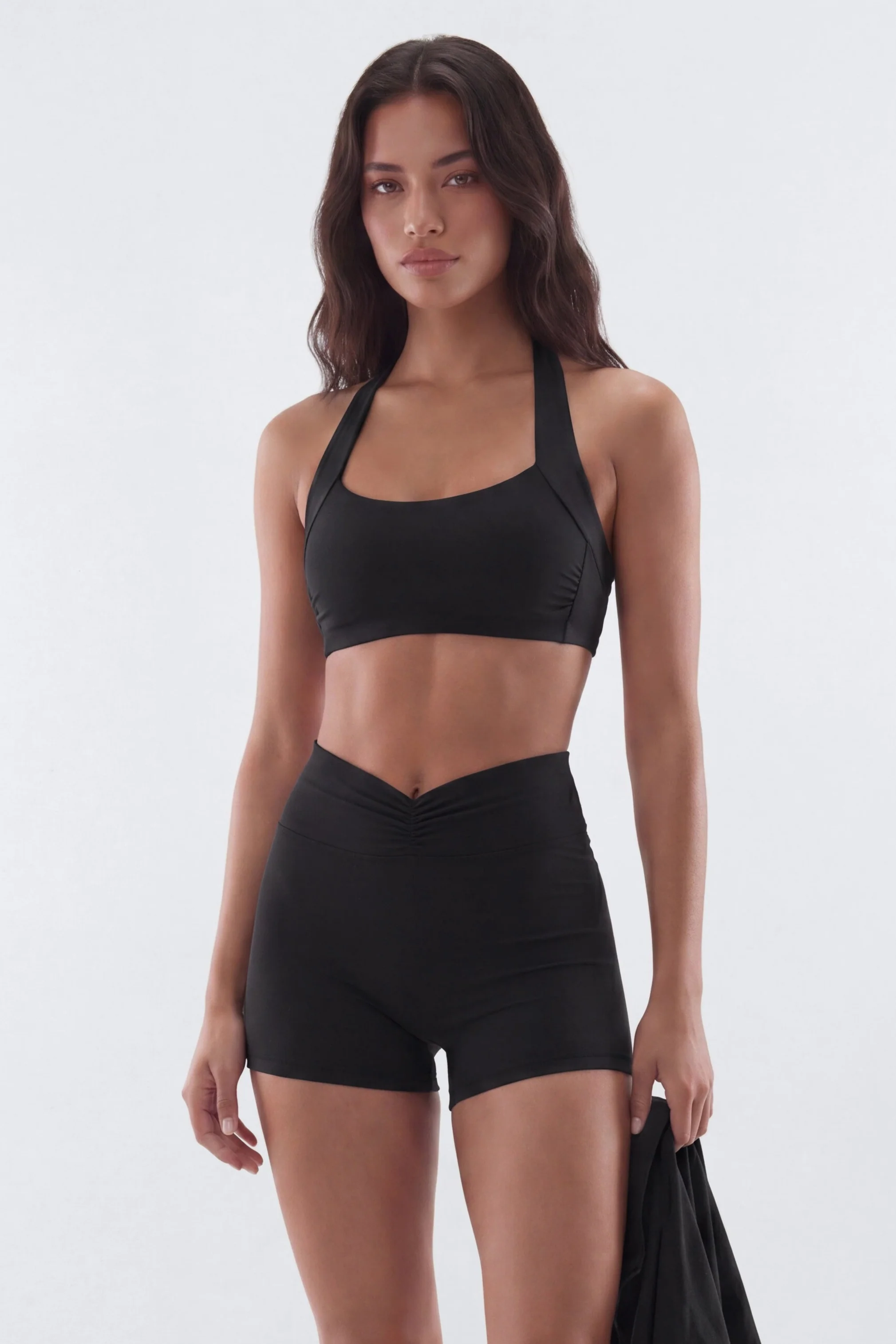 ButterSoft Ruched Halter Sports Bra - Black