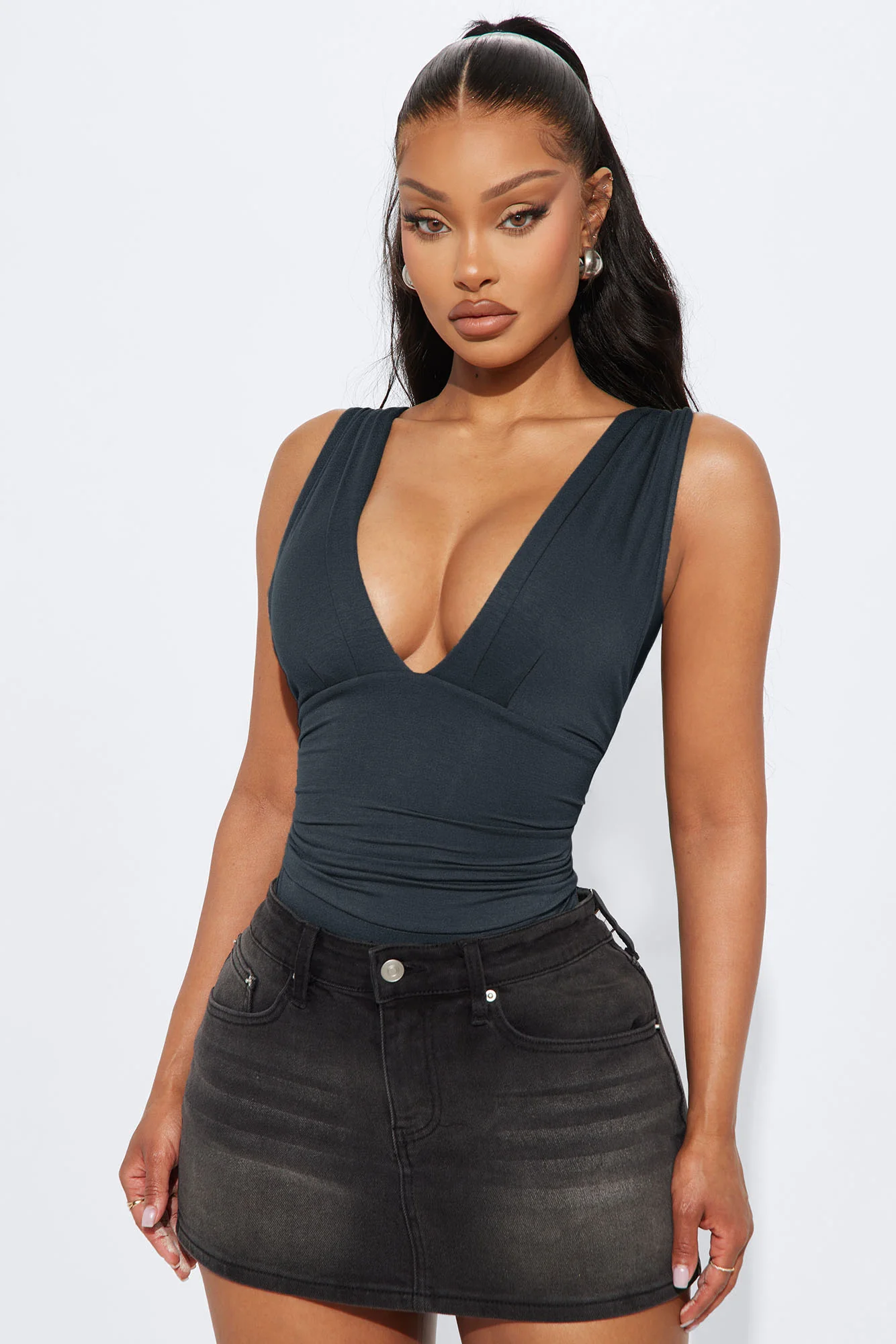 Cabana Girl Ruched V-Neck Bodysuit - Charcoal - Image 3