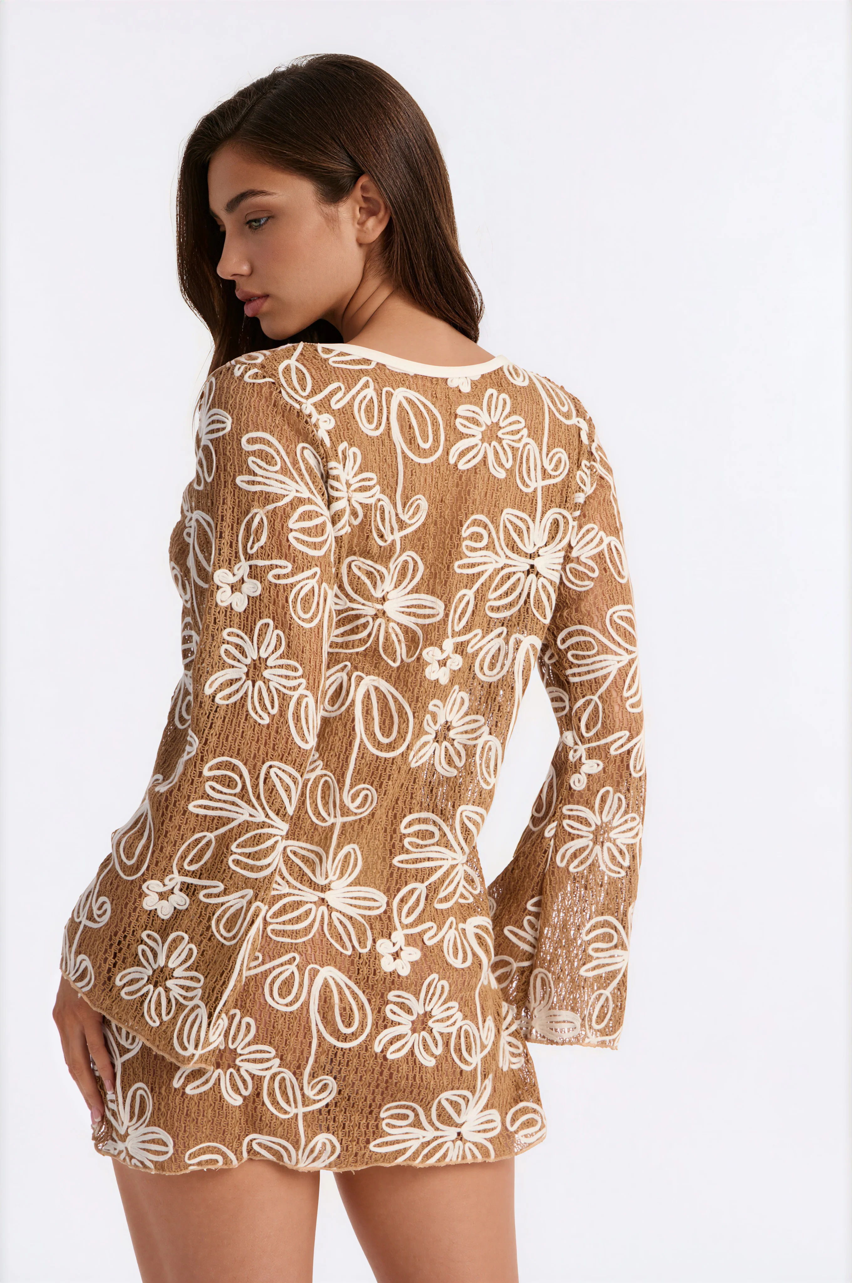 Cabana Vibes Floral Cover Up Crochet Dress - Tan - Image 3
