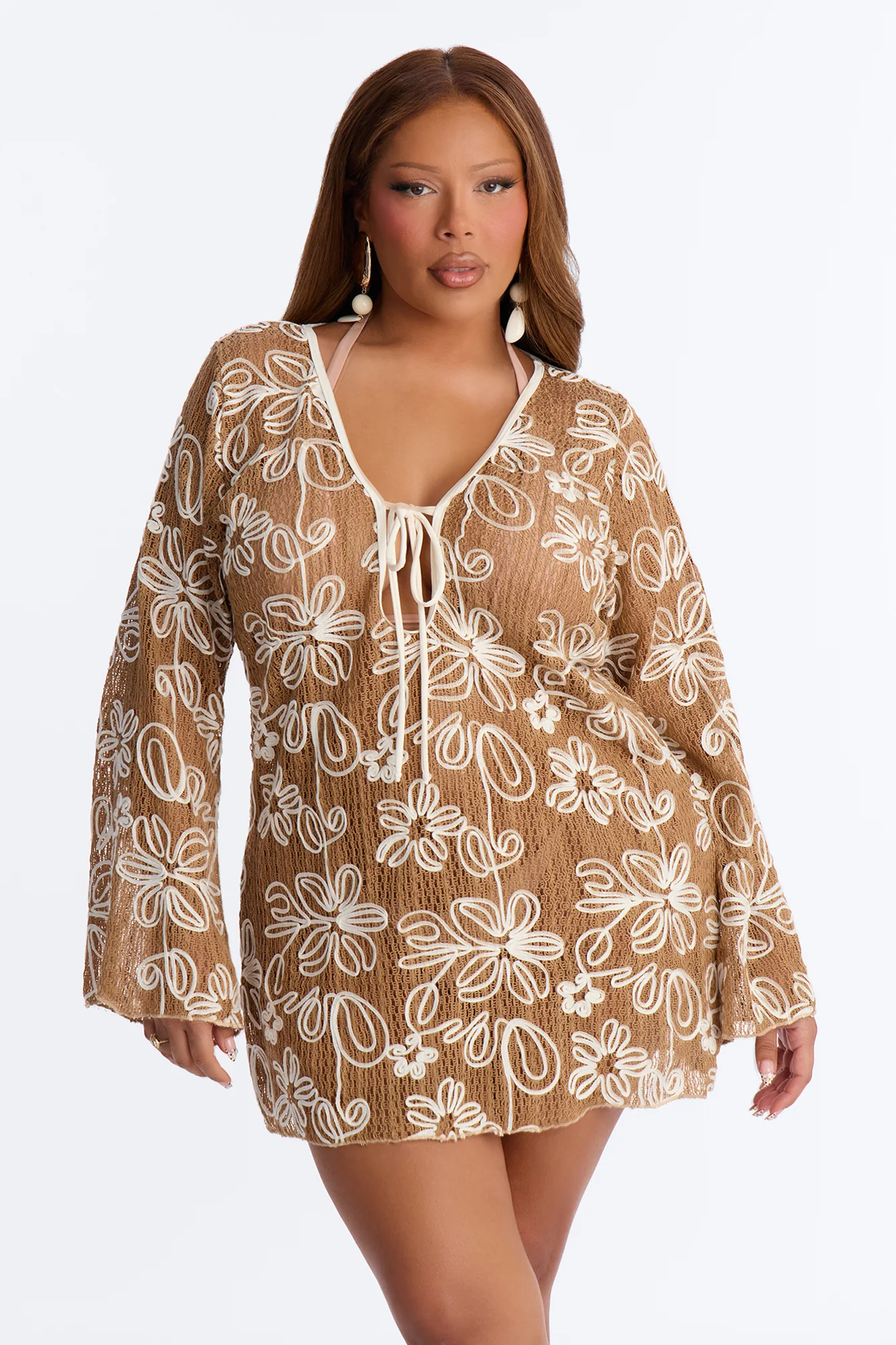Cabana Vibes Floral Cover Up Crochet Dress - Tan - Image 4