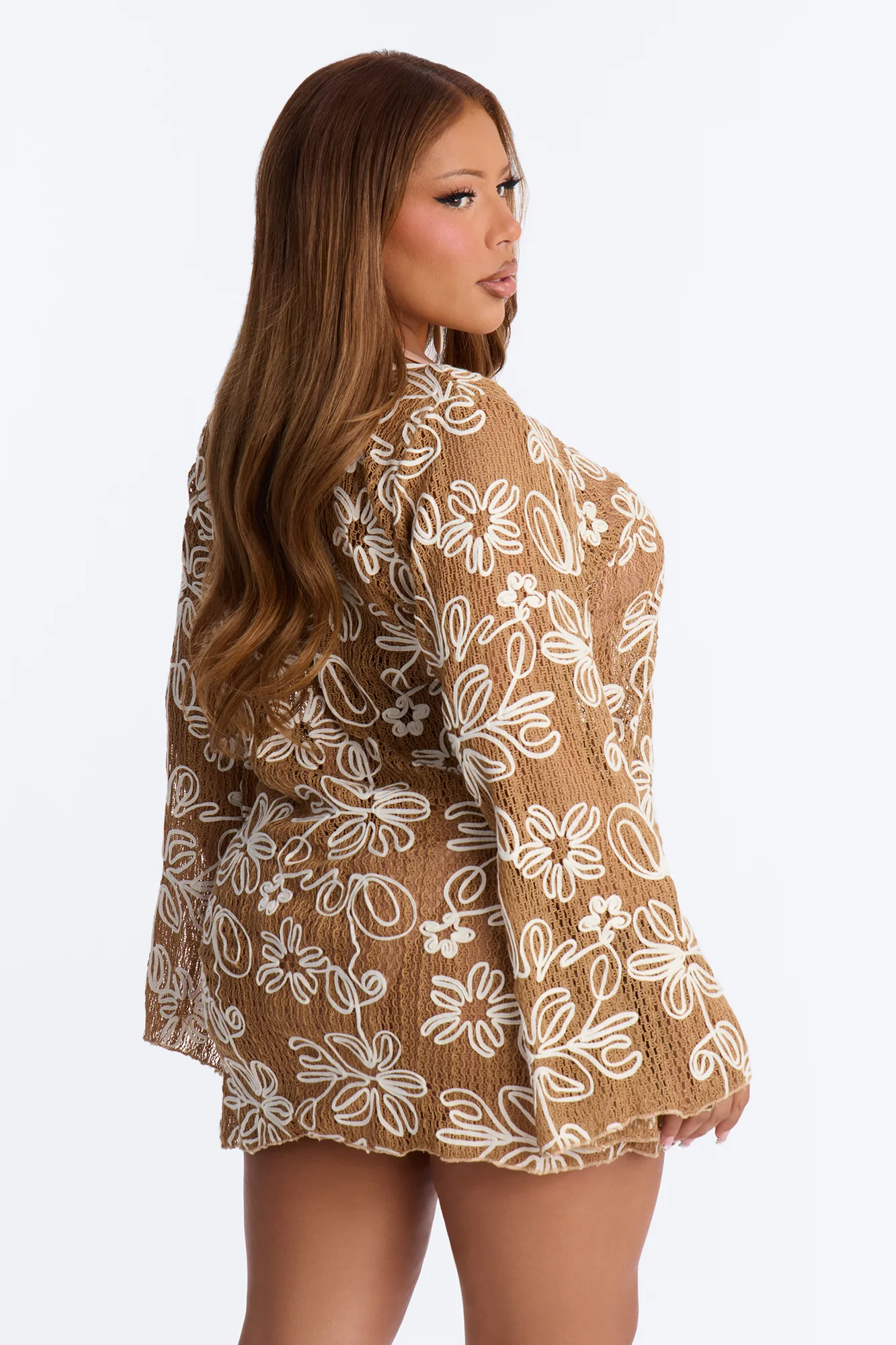 Cabana Vibes Floral Cover Up Crochet Dress - Tan - Image 7