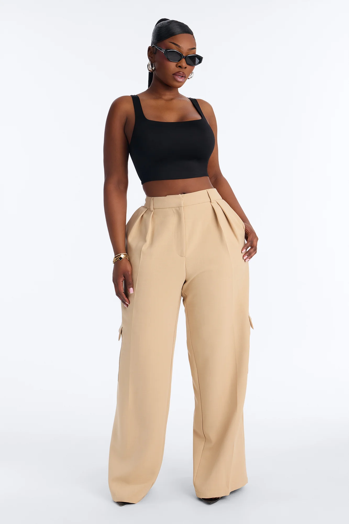 Cairo Wide Leg Cargo Trouser Pant 32″ - Khaki - Image 5