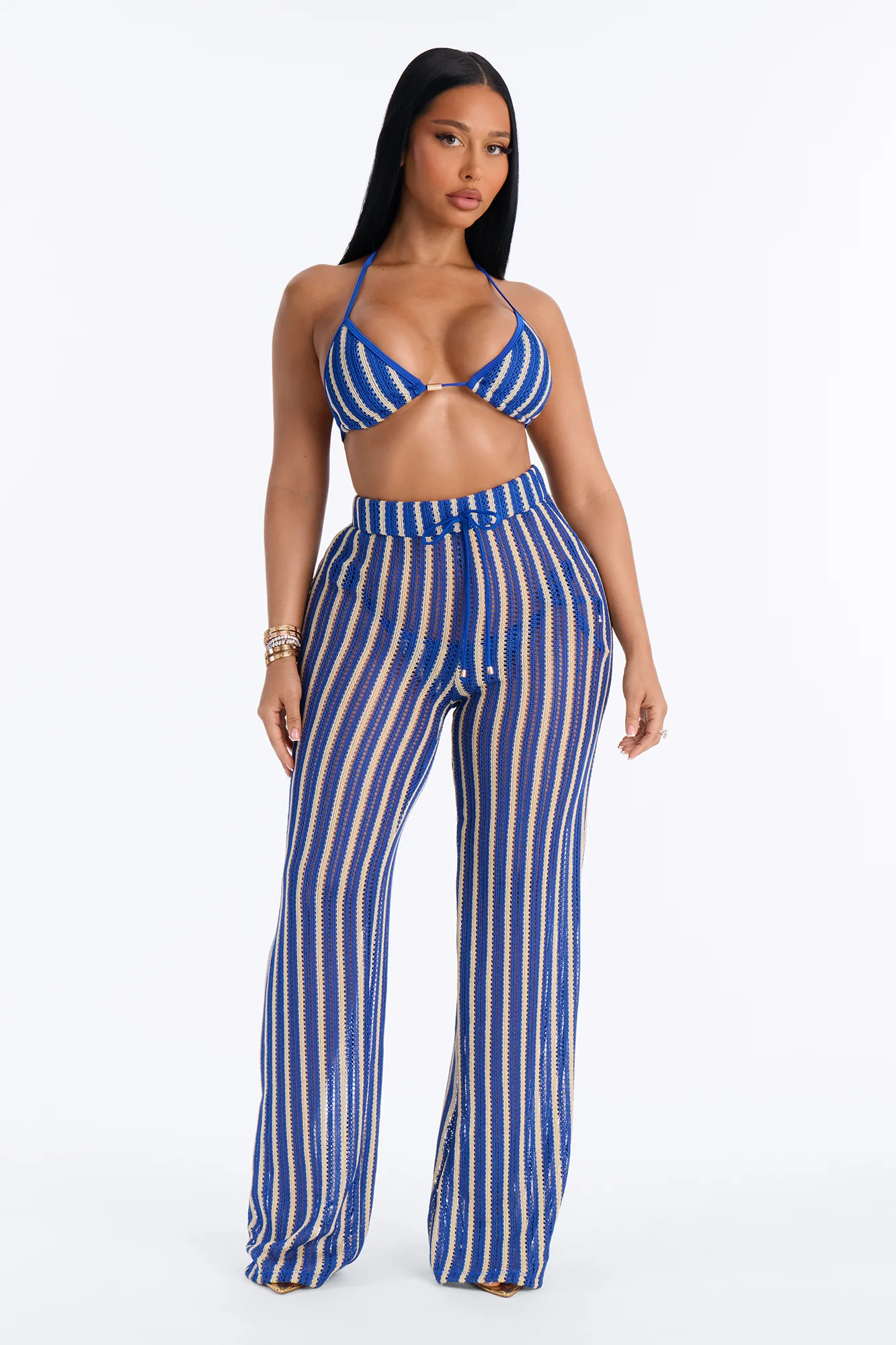 Callie Crochet 3 Piece Bikini & Pants Set - Blue/combo