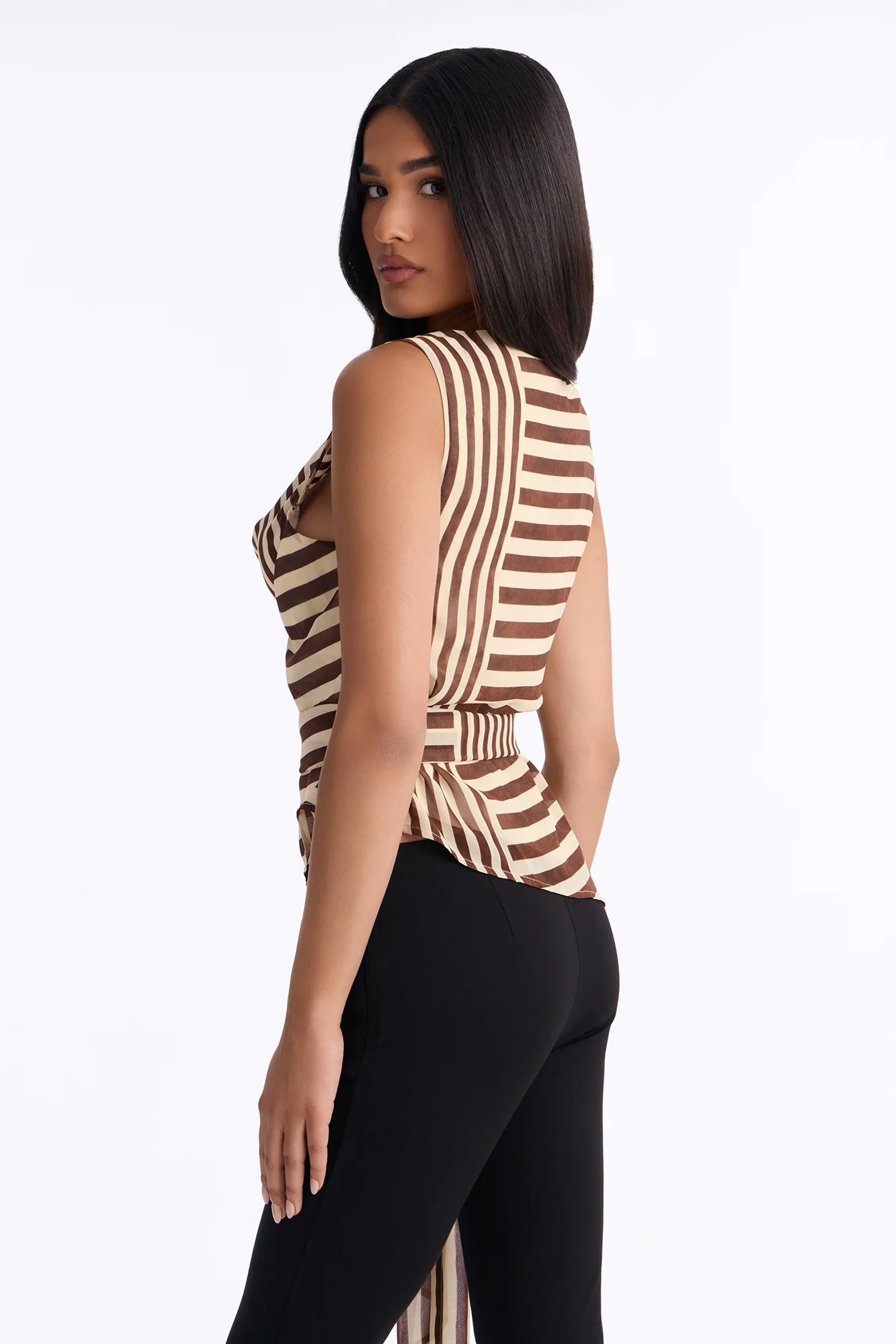 Calliope Tie Waist Striped Chiffon Blouse - Brown/combo - Image 4