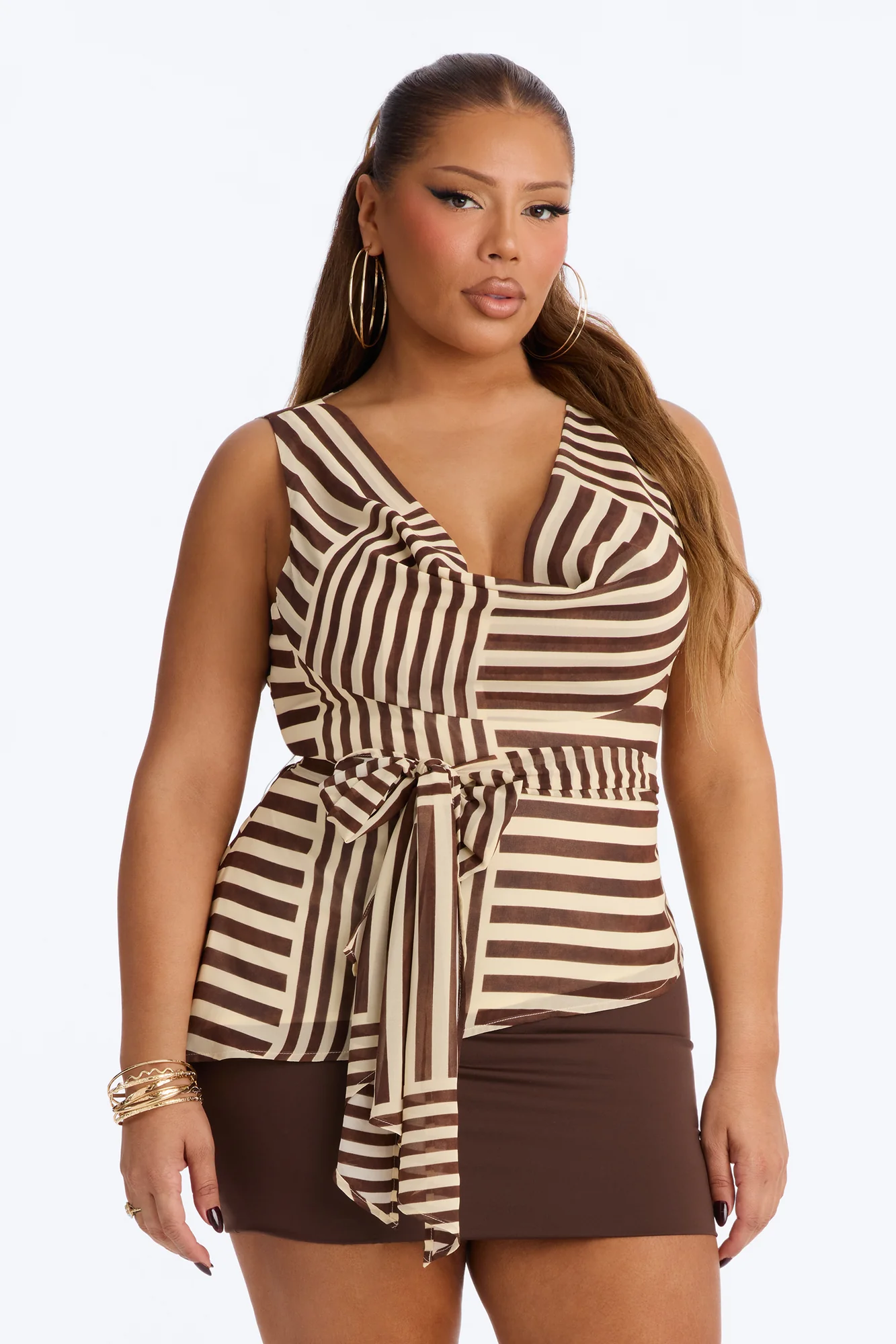 Calliope Tie Waist Striped Chiffon Blouse - Brown/combo - Image 5