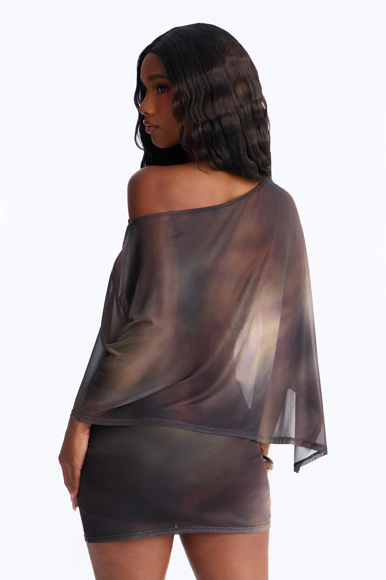 Camaria Mesh Poncho Skirt Set - Brown/combo - Image 3