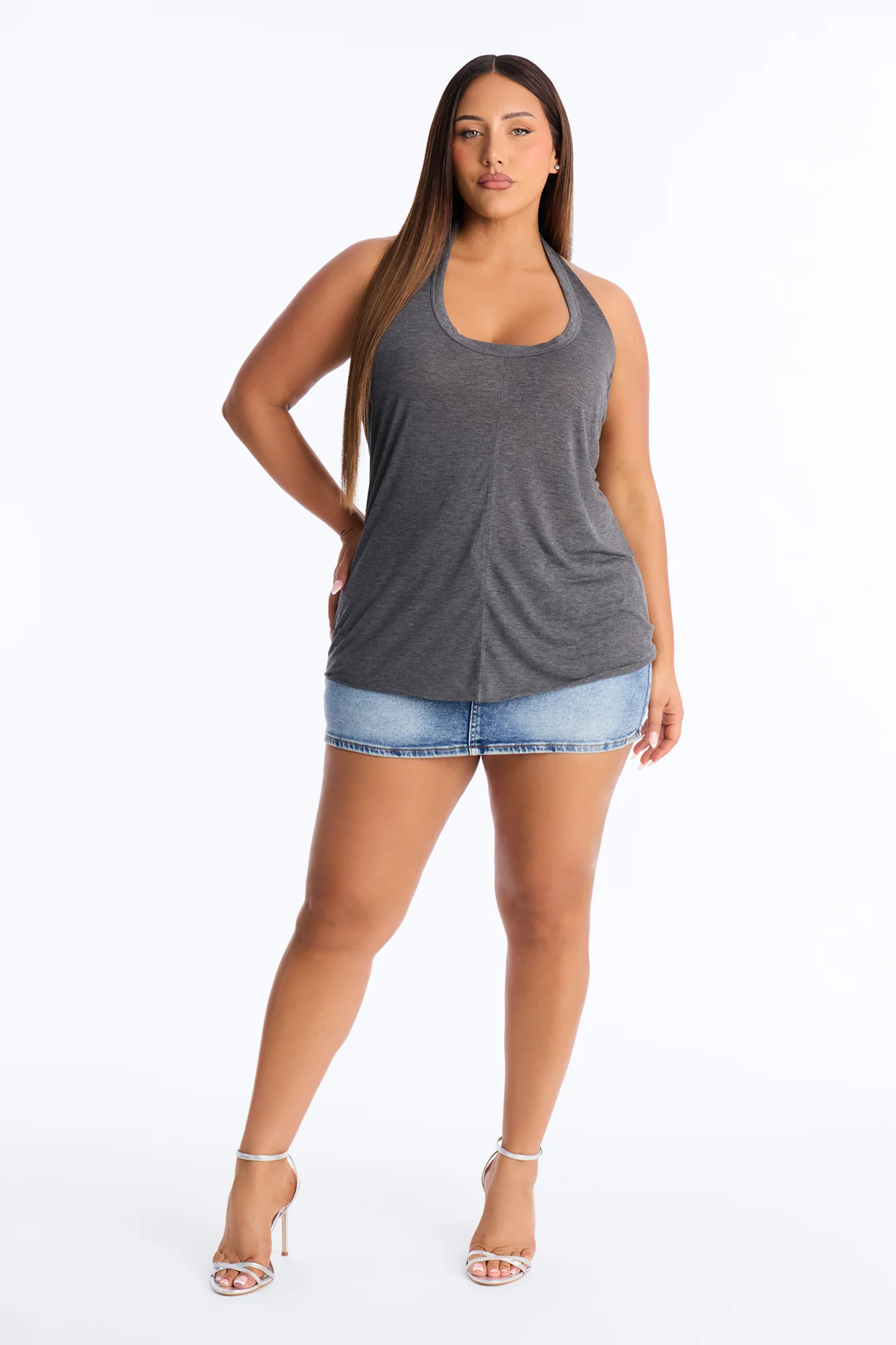 Cameron Sheer Scoop Neck Halter Top - Charcoal - Image 6