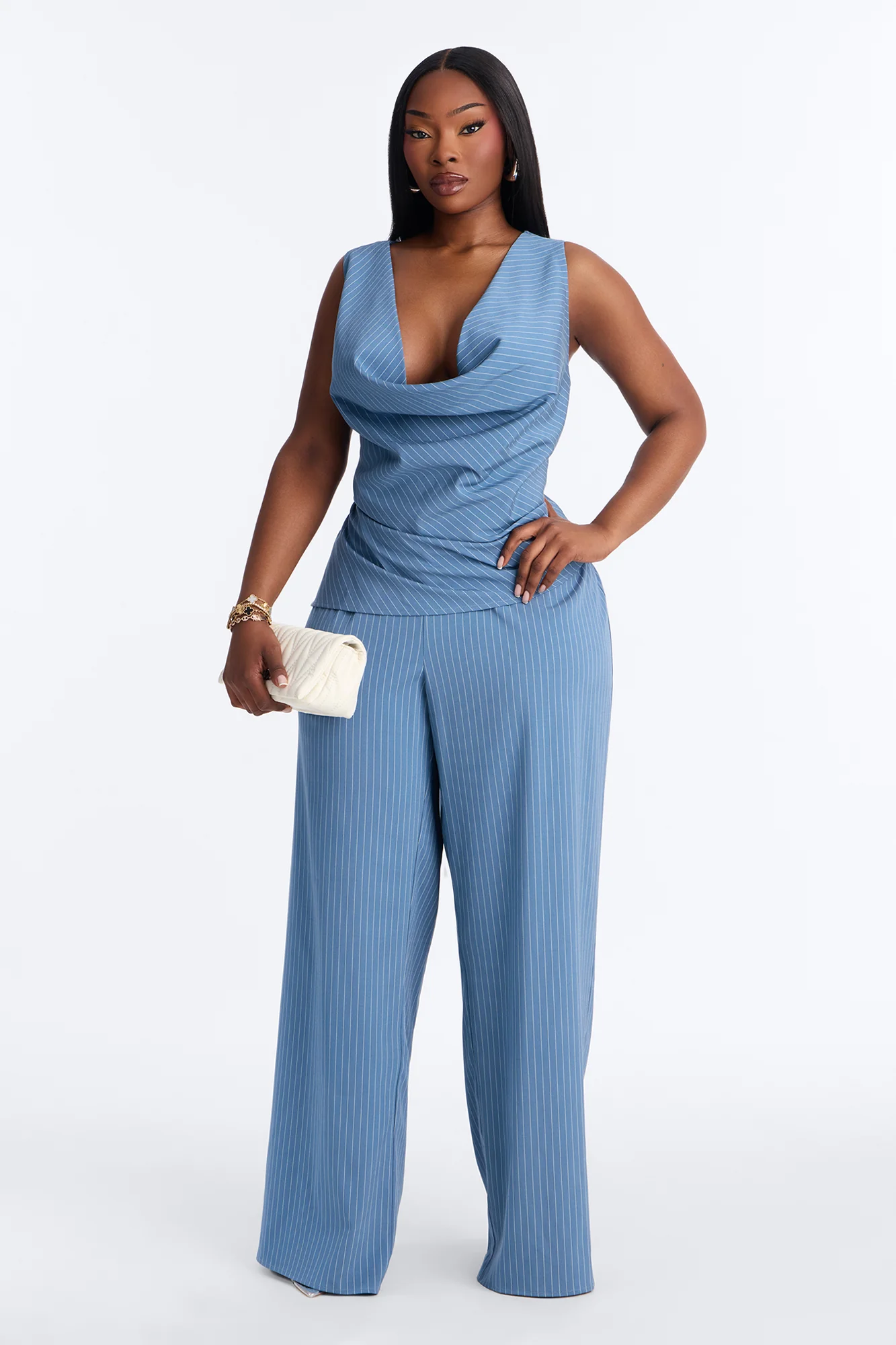 Camille Cowl Pinstripe Pant Set - Blue - Image 5