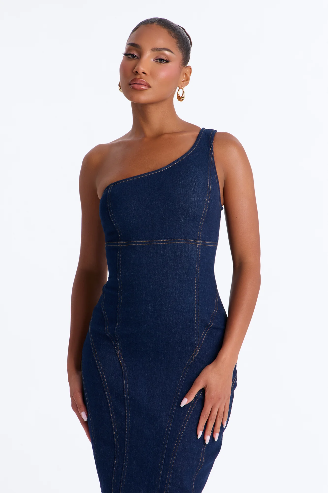 Camille One Shoulder Denim Maxi Dress - Dark Denim - Image 2