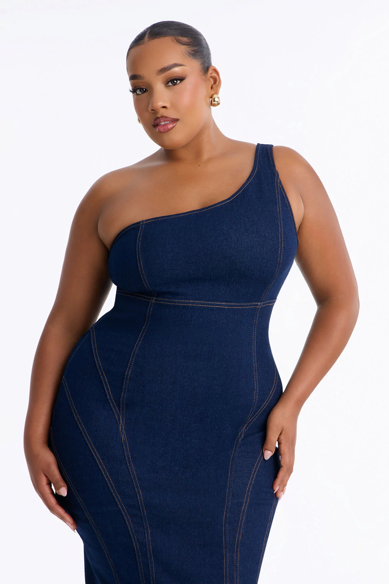 Camille One Shoulder Denim Maxi Dress - Dark Denim - Image 6