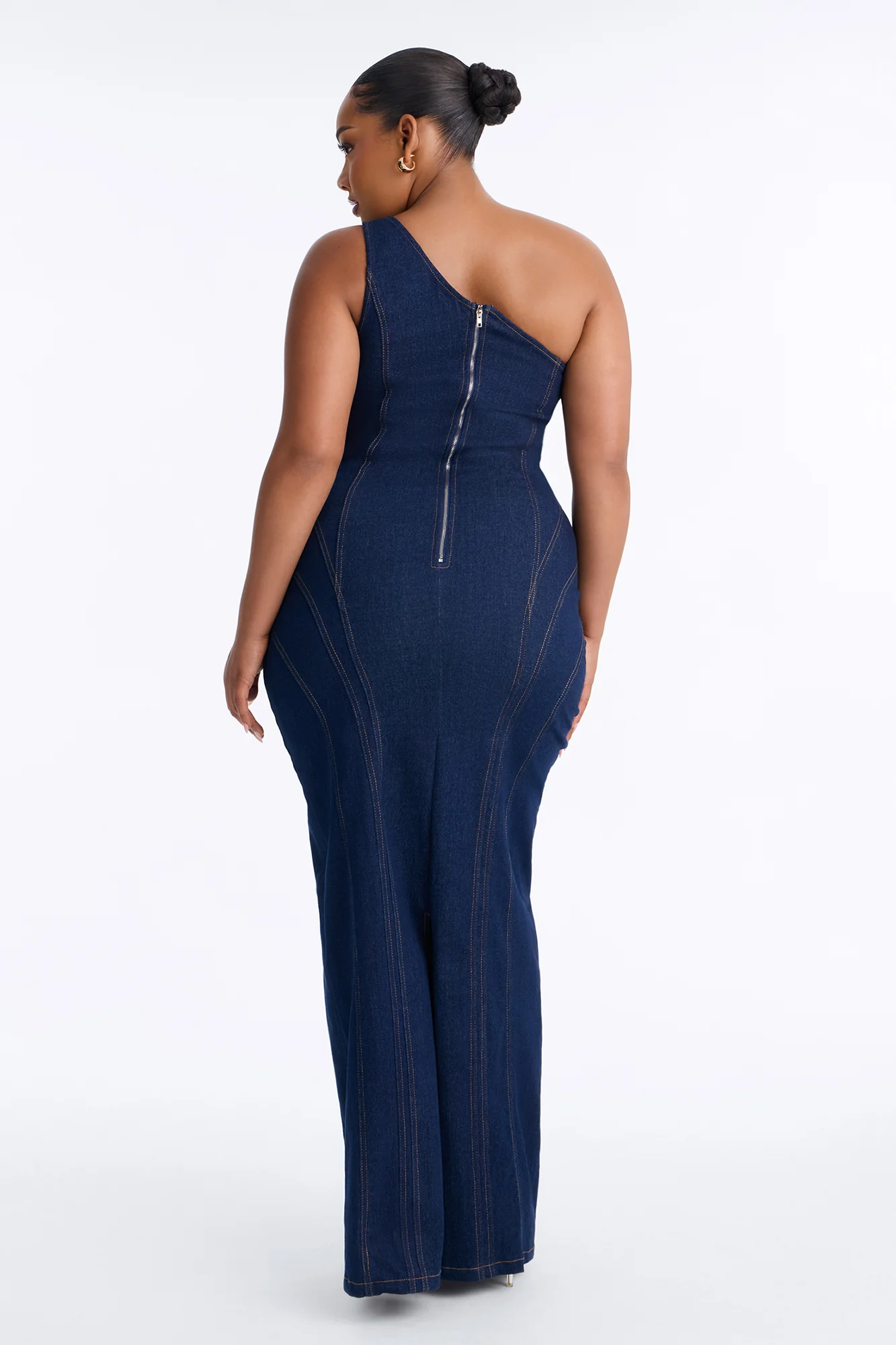 Camille One Shoulder Denim Maxi Dress - Dark Denim - Image 8