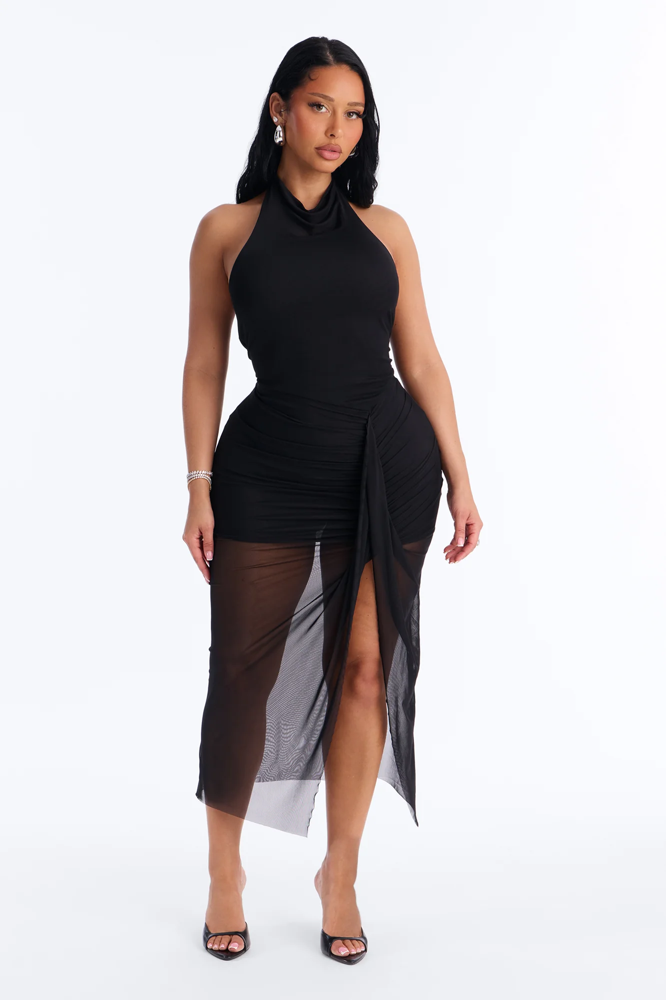 Candice Halter Mesh Midi Dress - Black