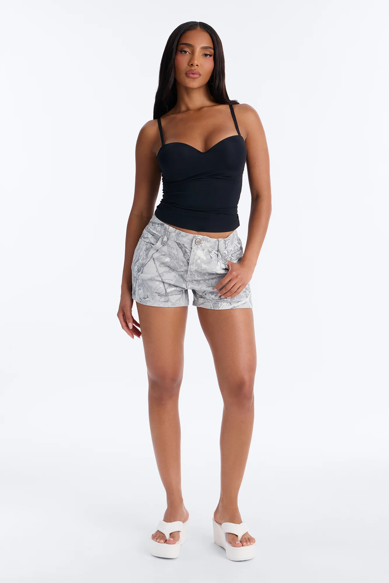 Can't See Me Stretch Camo Denim Shorts - Grey/combo