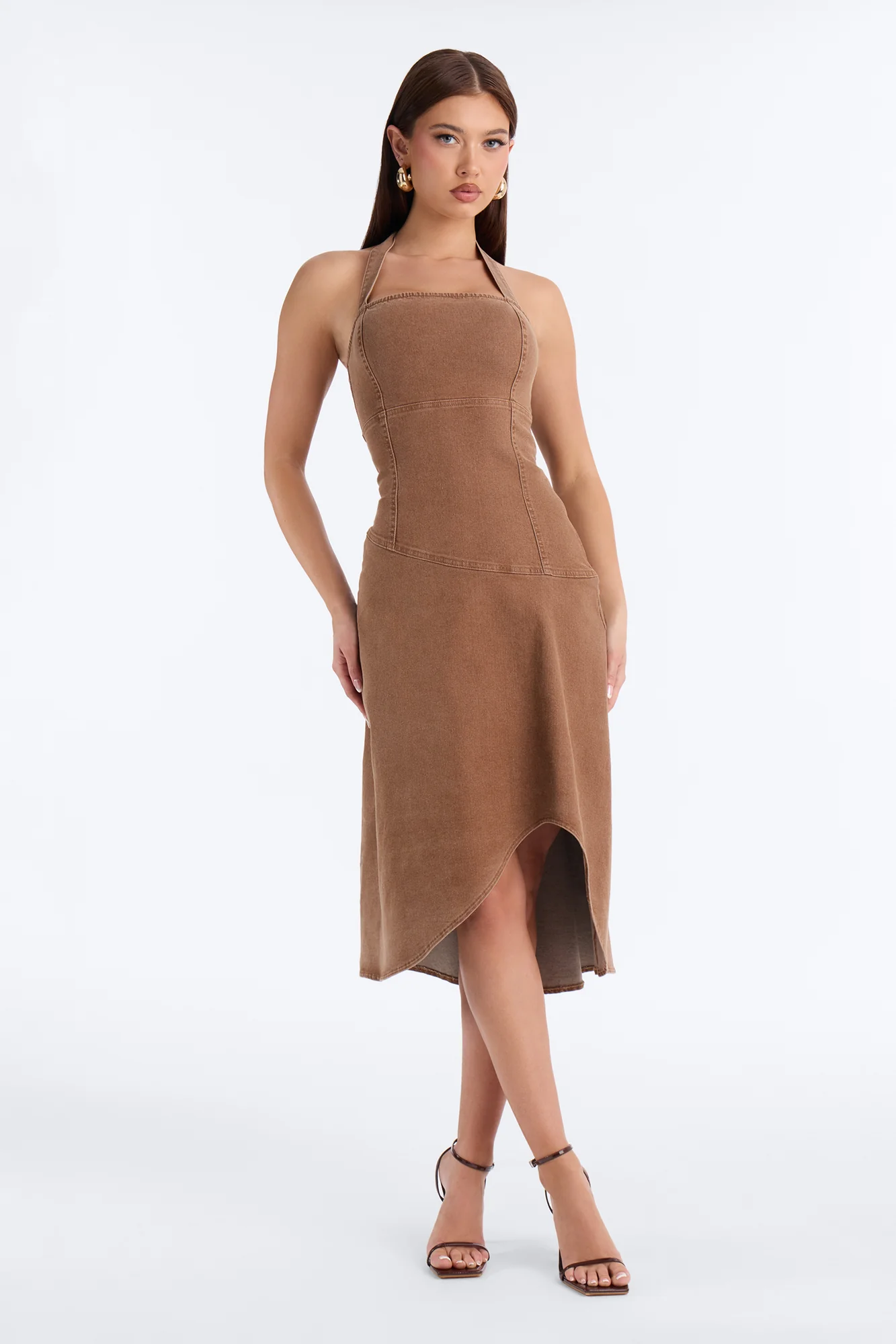 Carina Asymmetrical Denim Midi Dress - Chocolate