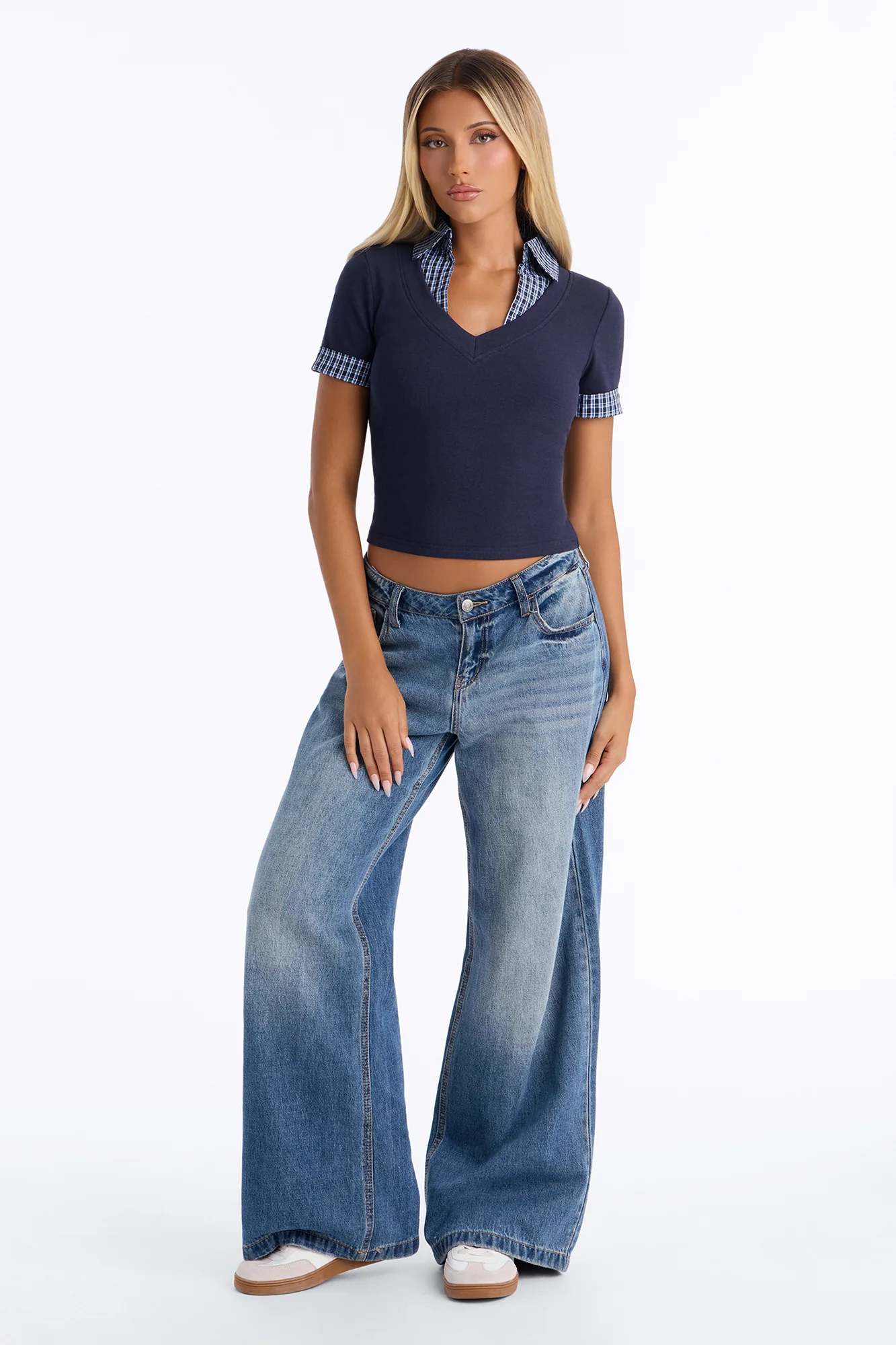 Carla Ribbed Collared Short Sleeve Top - Navy - Image 2