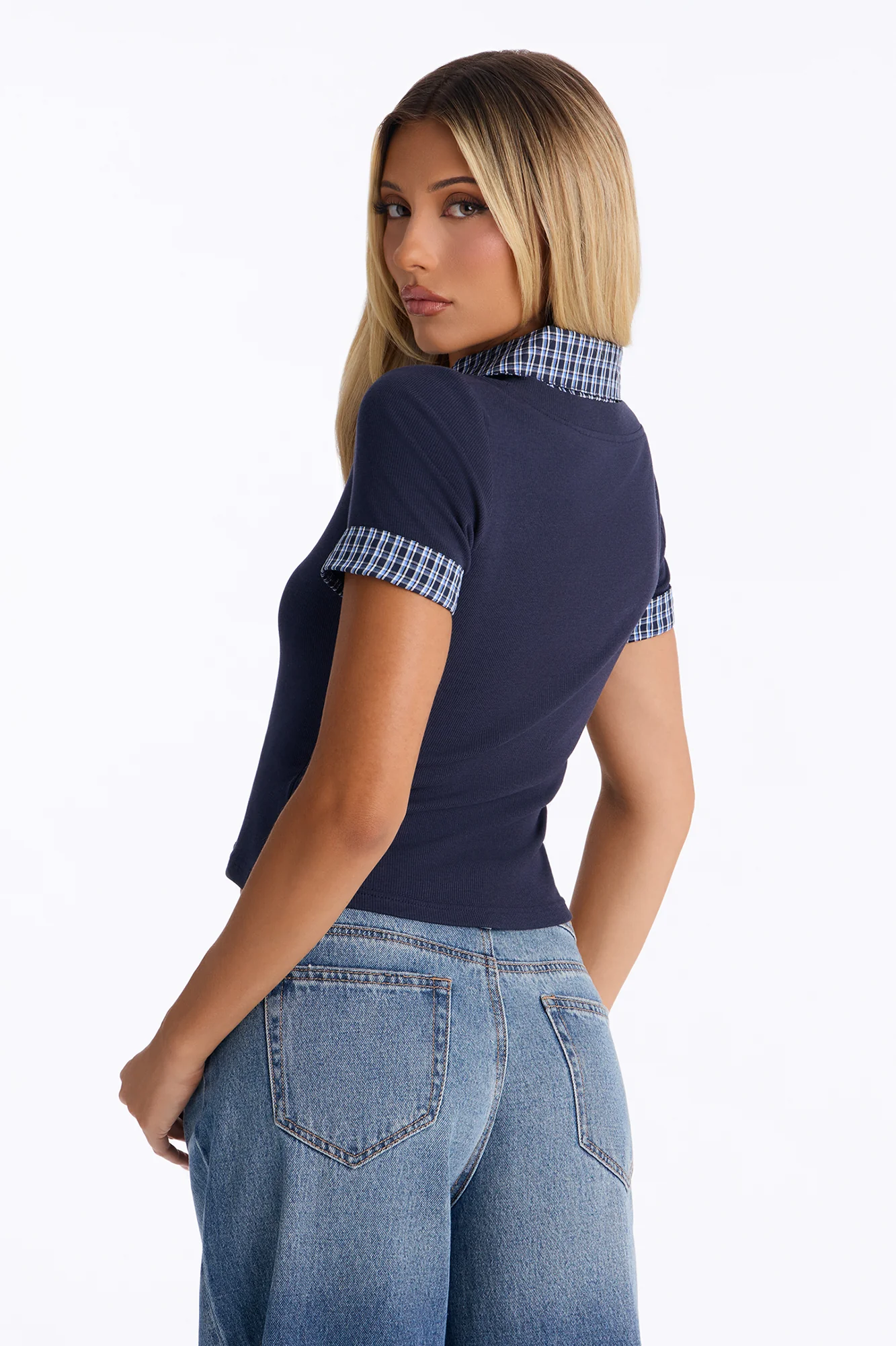 Carla Ribbed Collared Short Sleeve Top - Navy - Image 4