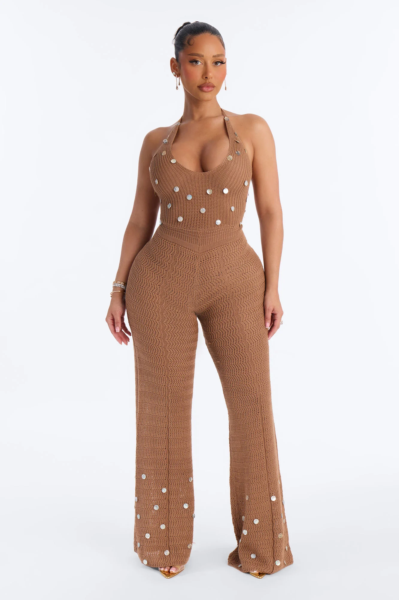 Carlina Embellished Crochet Jumpsuit - Mocha