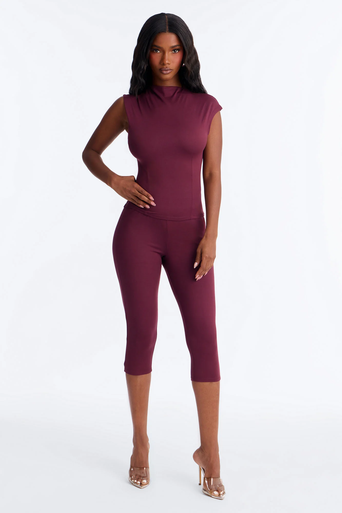 Carly Mock Neck Capri Set - Plum