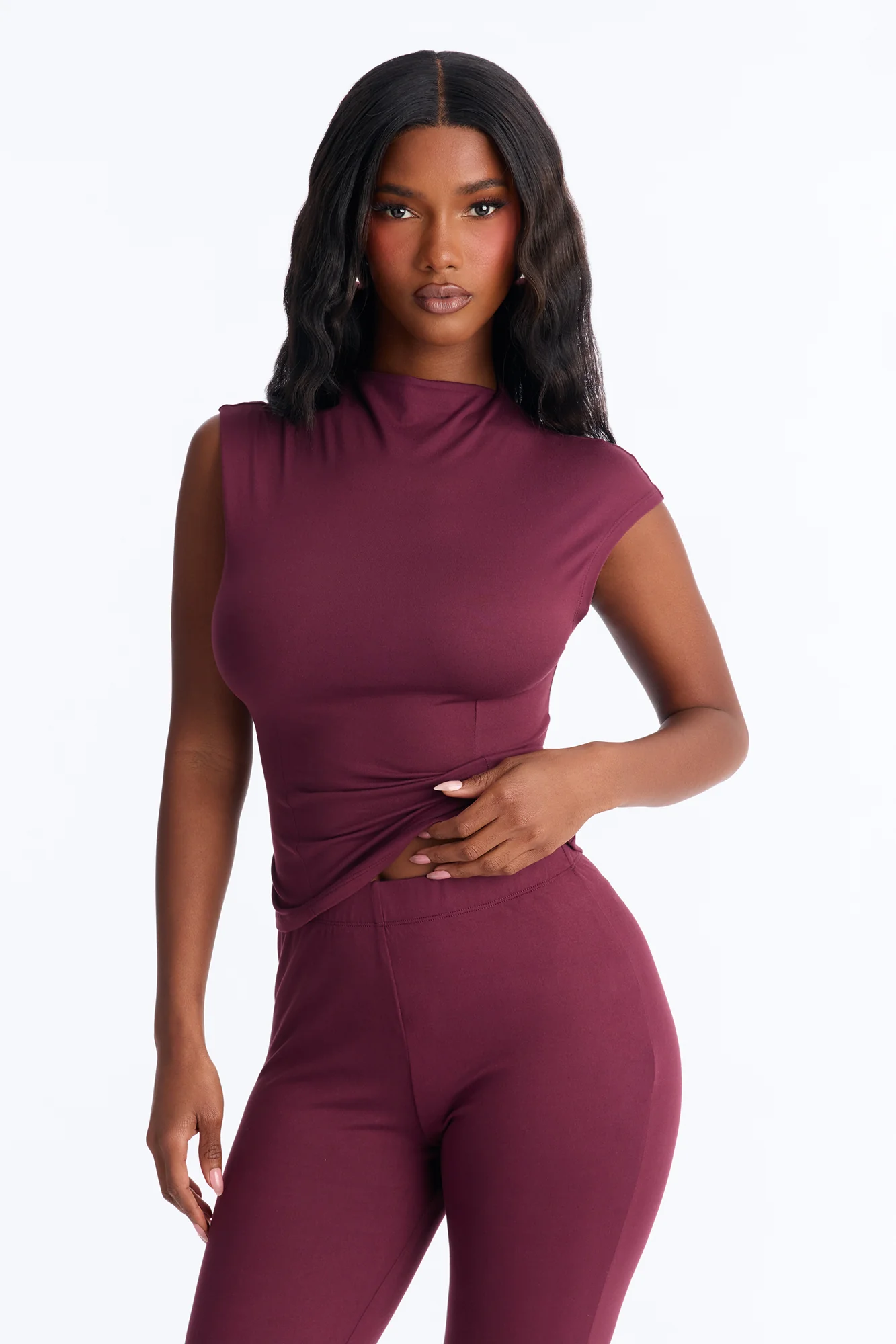 Carly Mock Neck Capri Set - Plum - Image 2
