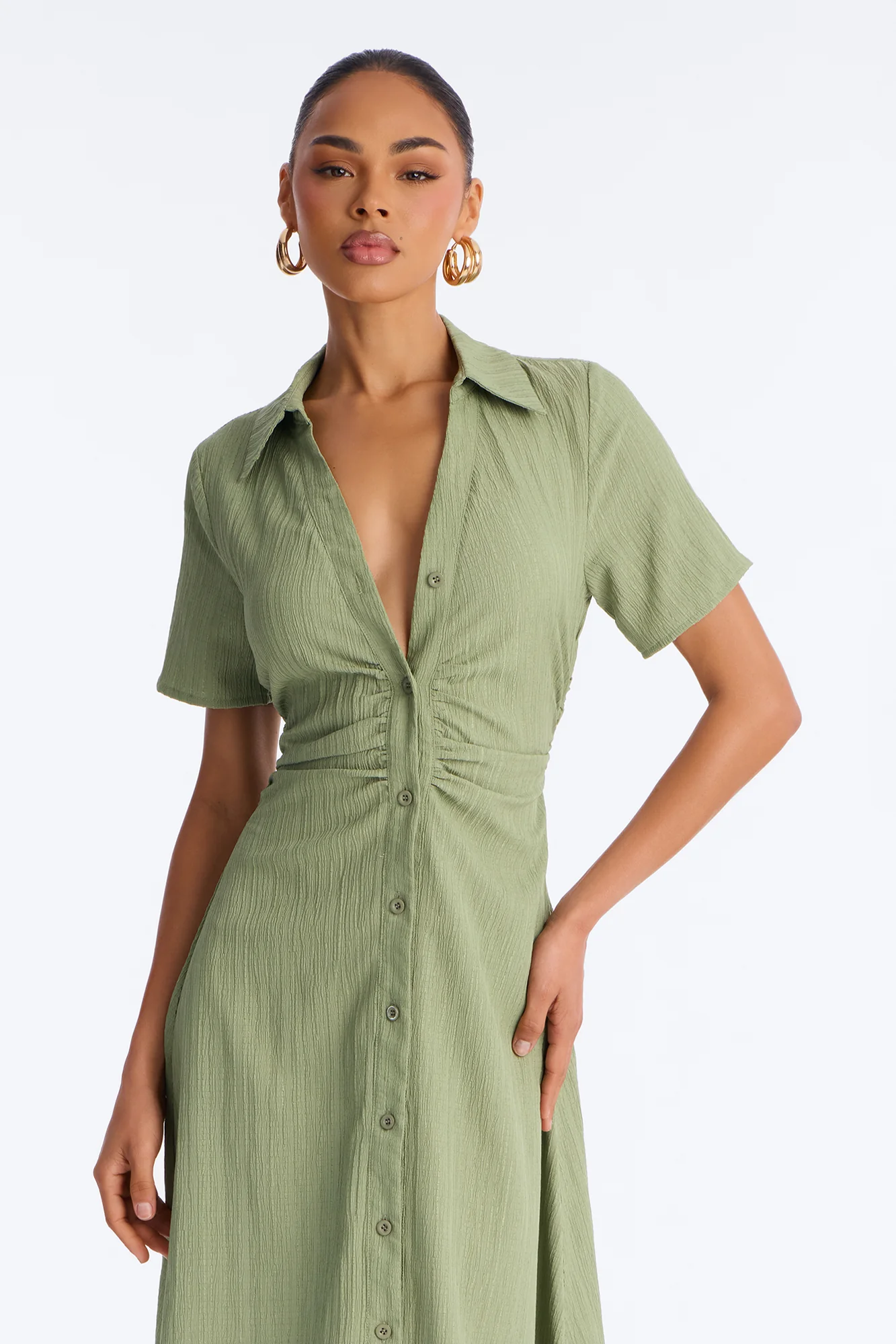 Carmen Ruched Shirt Midi Dress - Olive - Image 2