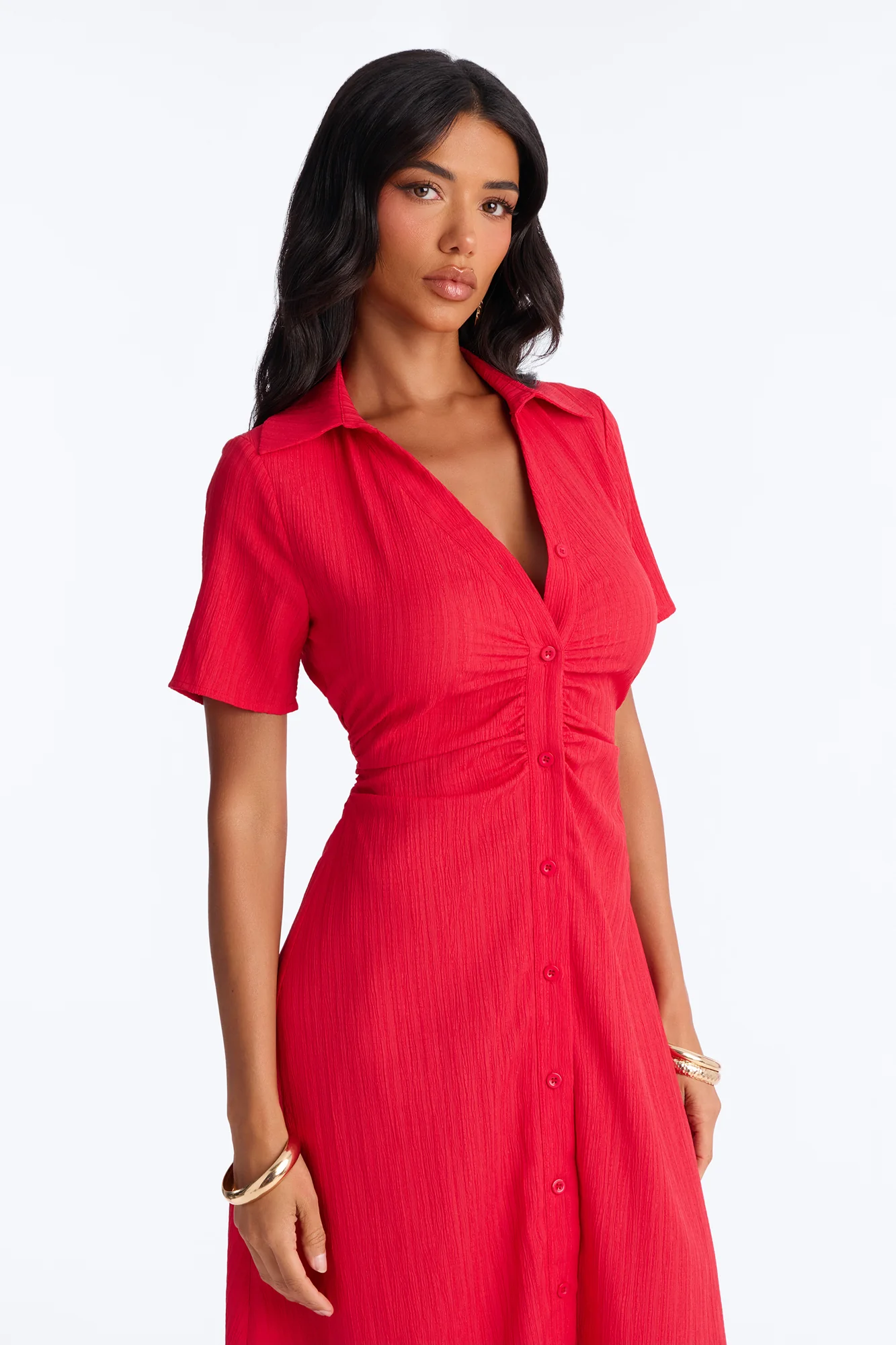 Carmen Ruched Shirt Midi Dress - Red - Image 2
